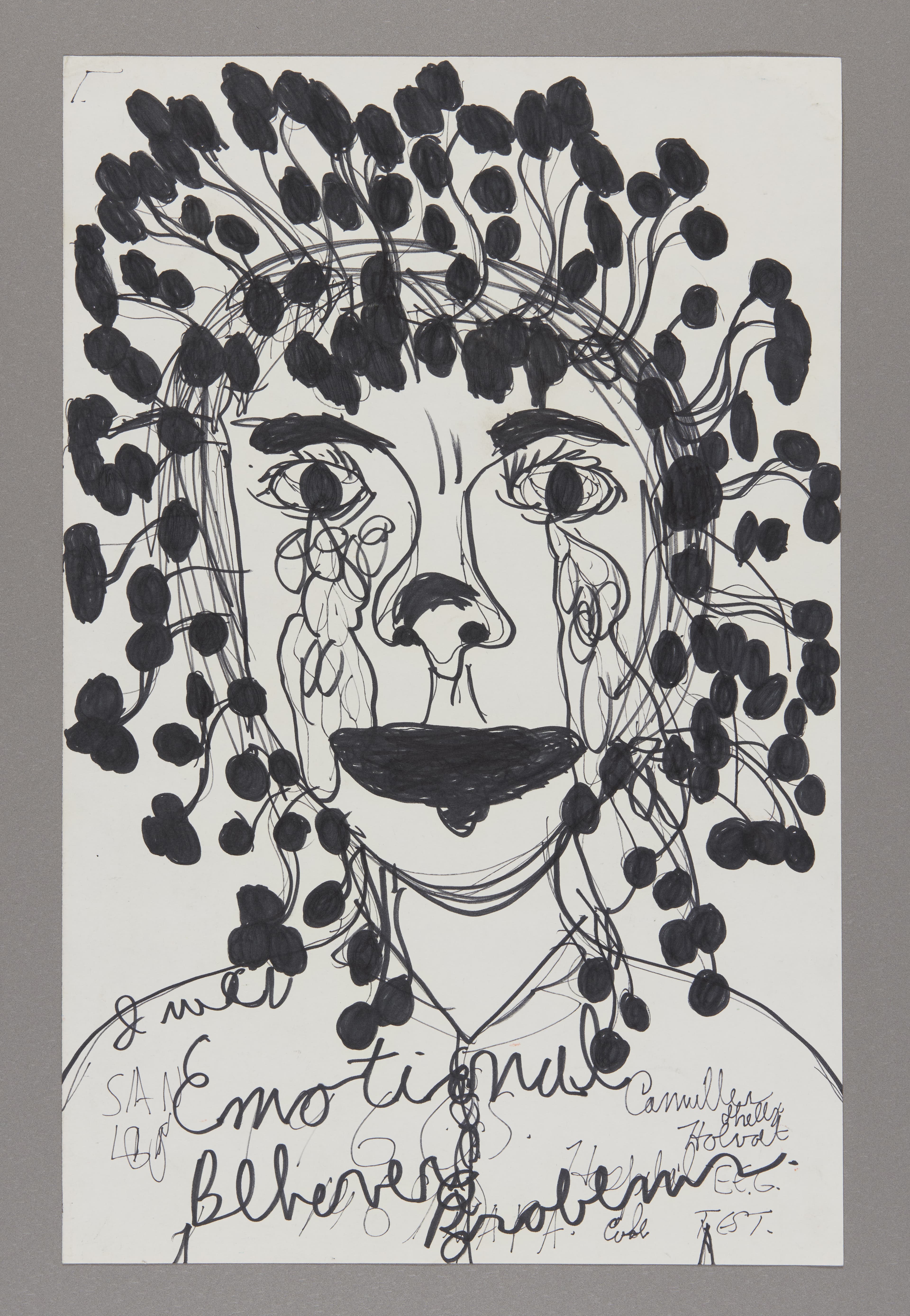 Black ink drawing on white paper showing a portrait with cascading dark circular forms resembling fruit or berries