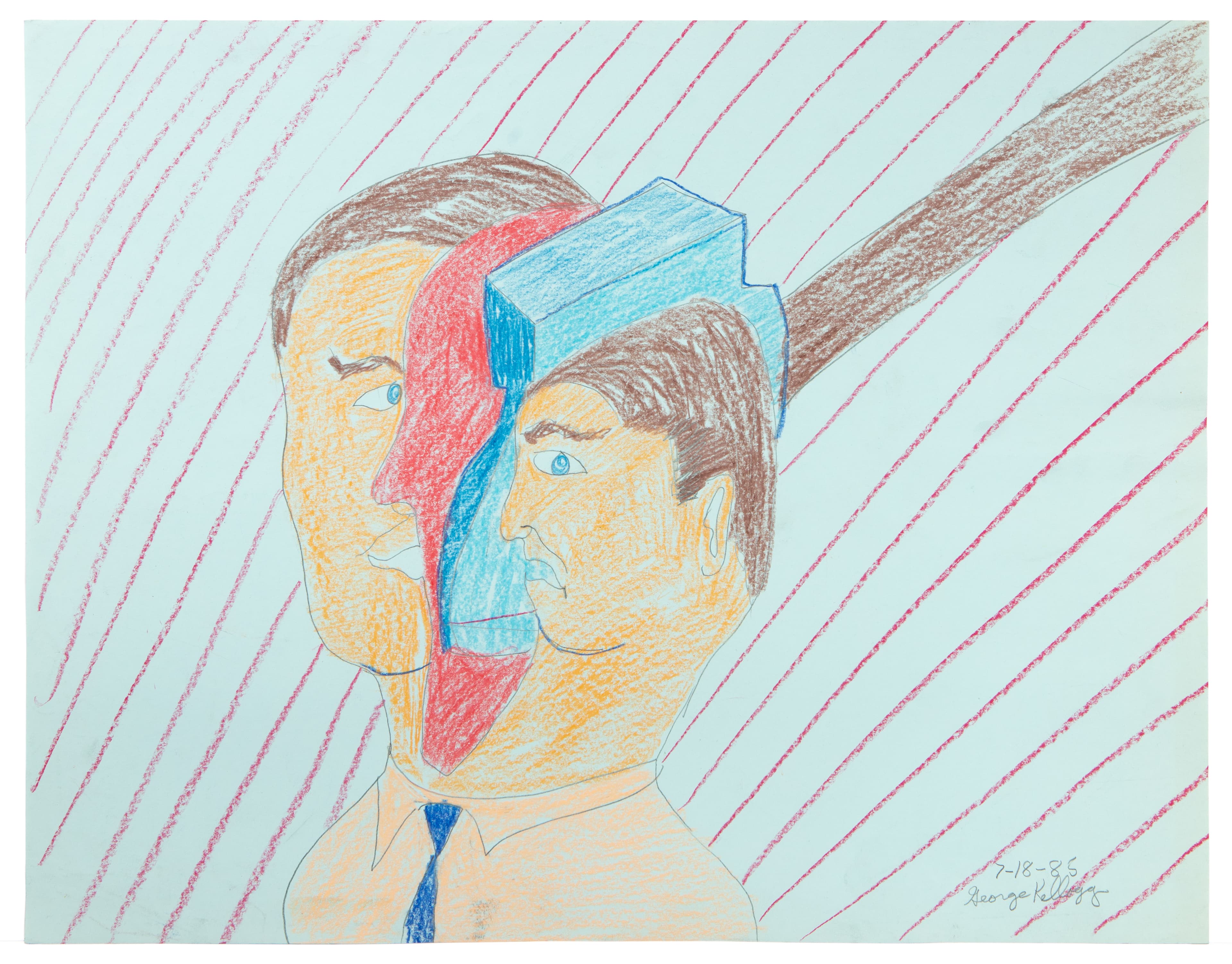 Drawing of two overlapping profile faces in colored pencil, one wearing a blue cap, on light green paper