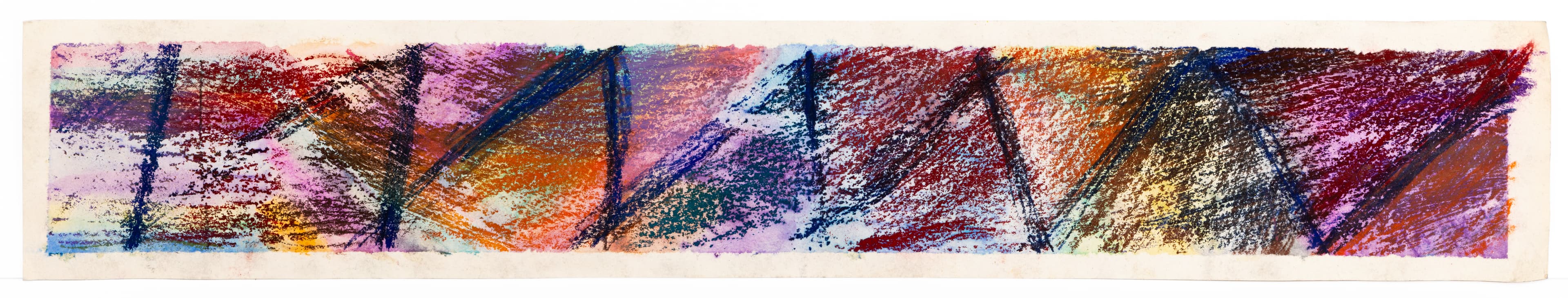 Abstract horizontal drawing with diagonal lines in purple, orange, blue, and red pastel on white paper