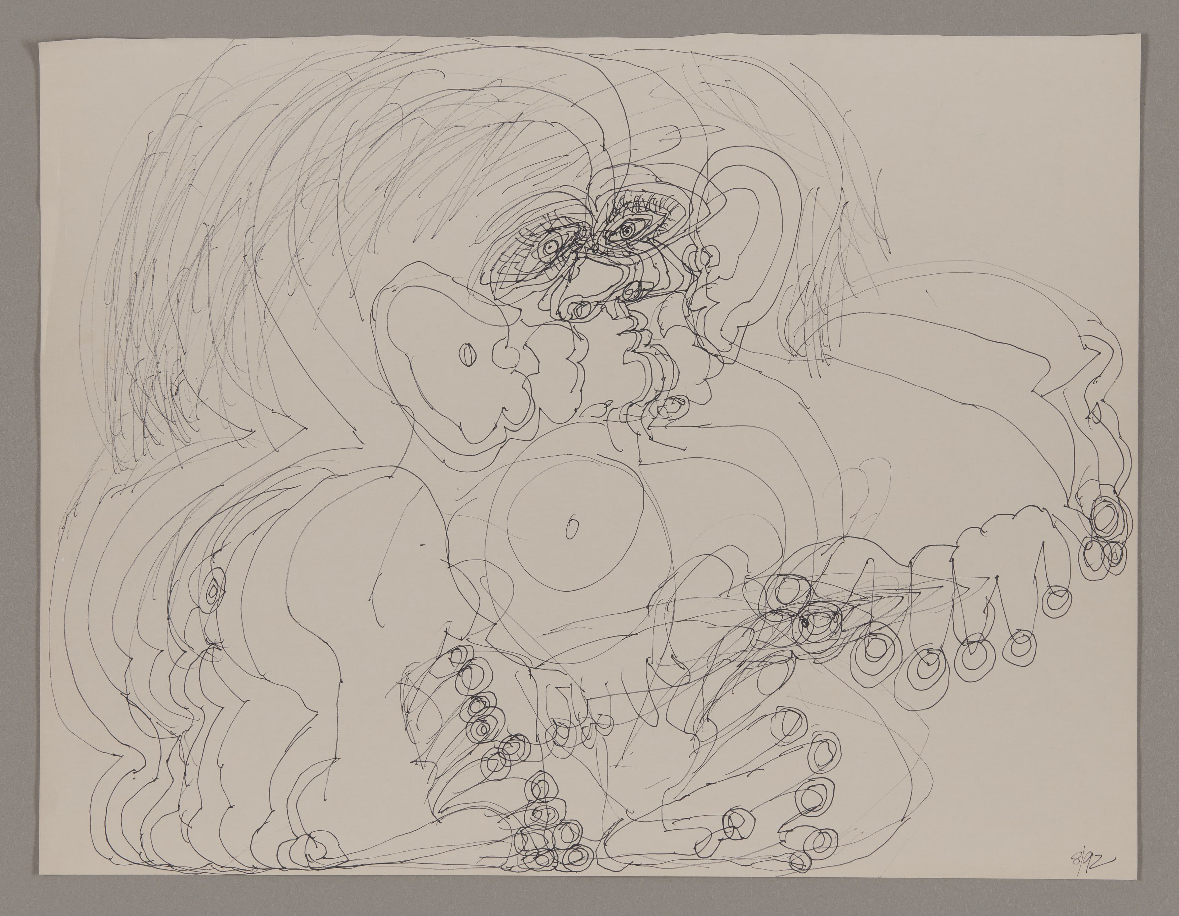 Ink drawing on paper showing abstract figural forms with flowing curved lines and circular motifs