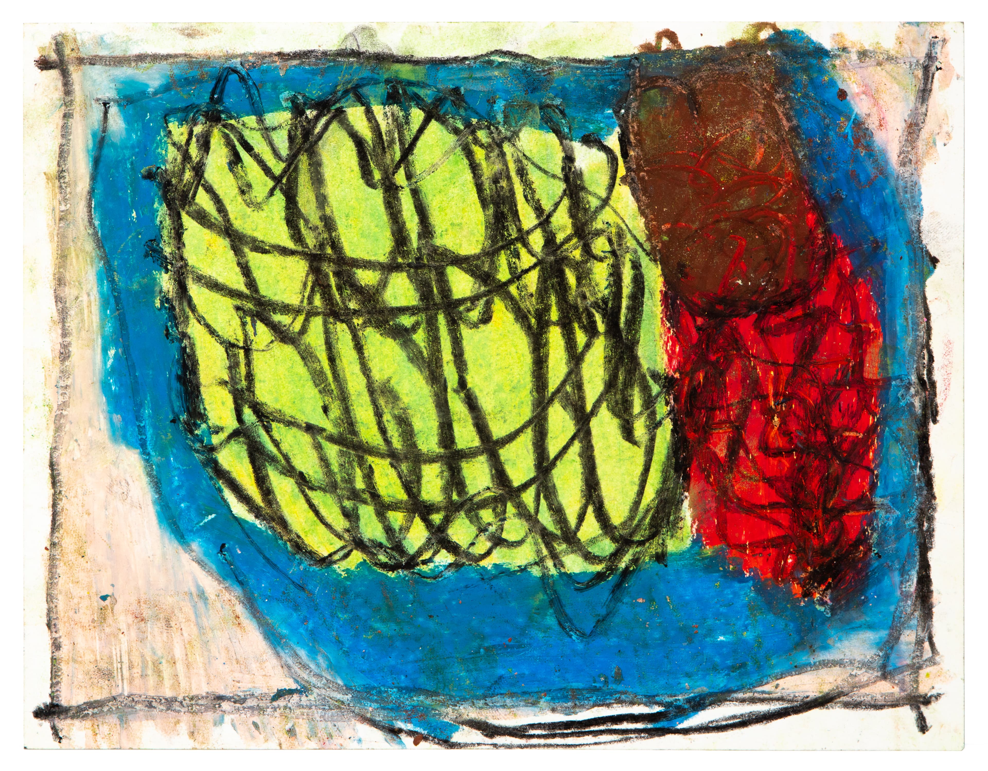 Mixed media artwork with bright yellow shape covered in black scribbled lines, red form on right, blue background