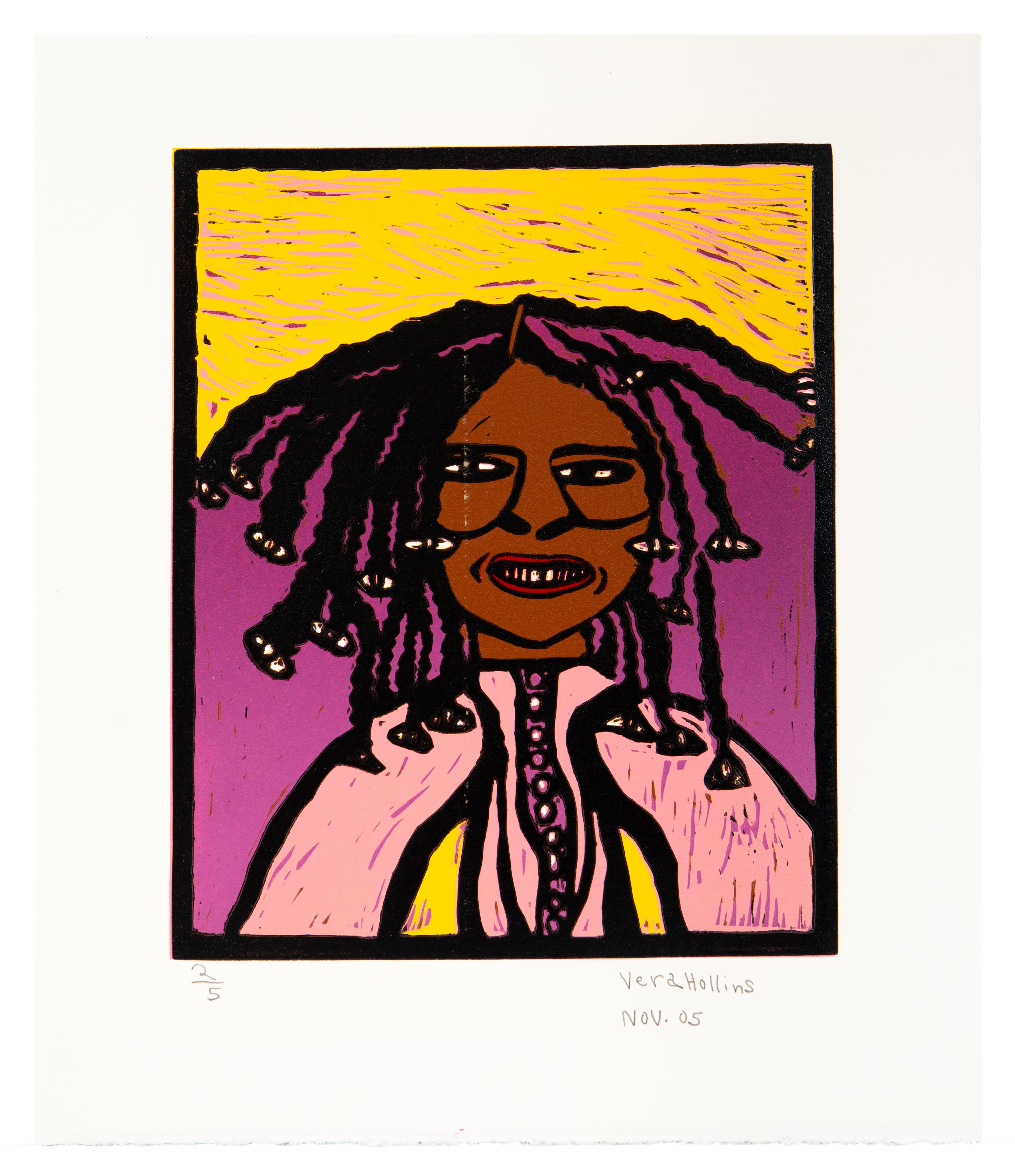 Relief print portrait of a smiling figure with dark locs against yellow and purple background