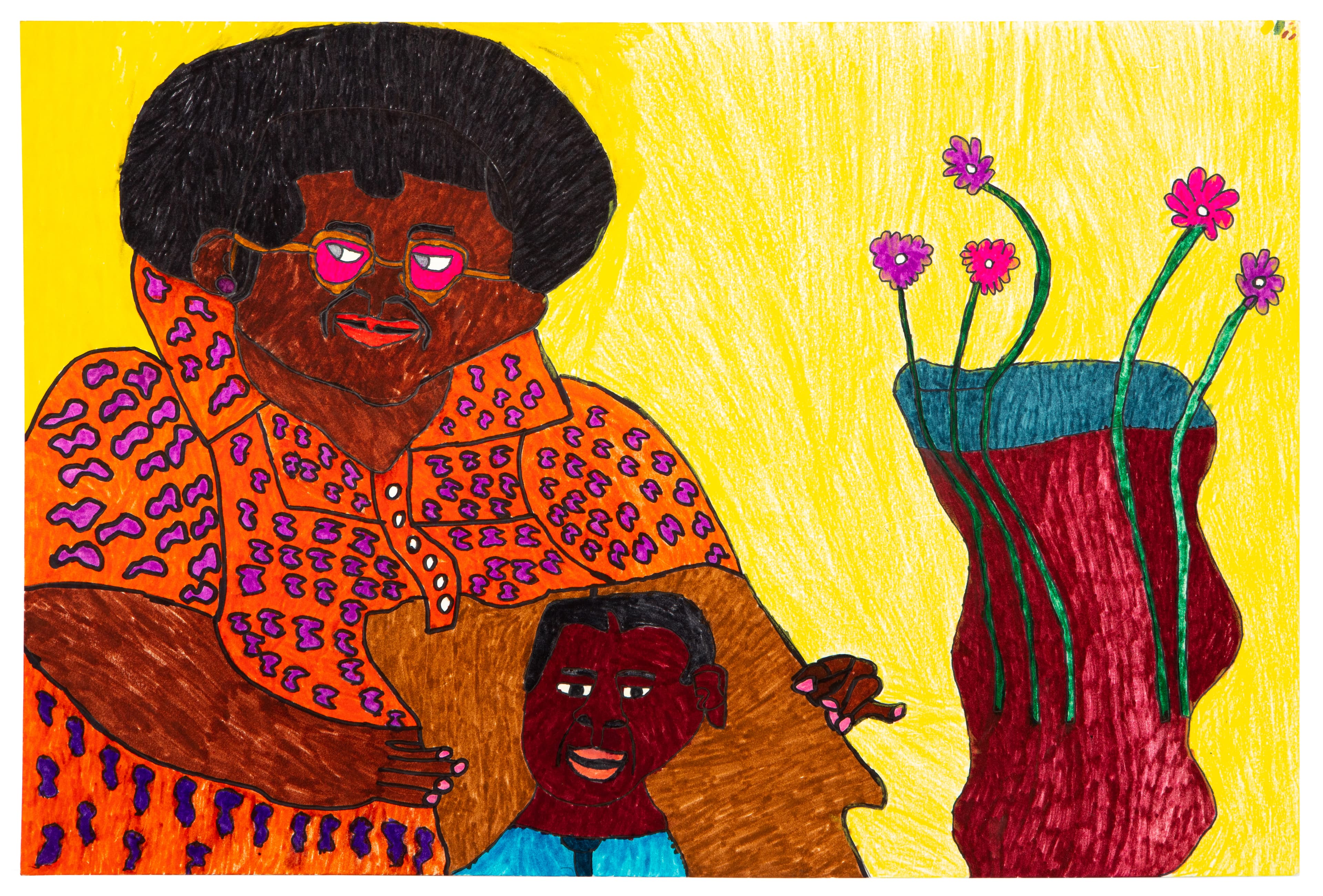Ink drawing showing a figure in orange patterned clothing holding a smaller portrait, with a vase of flowers
