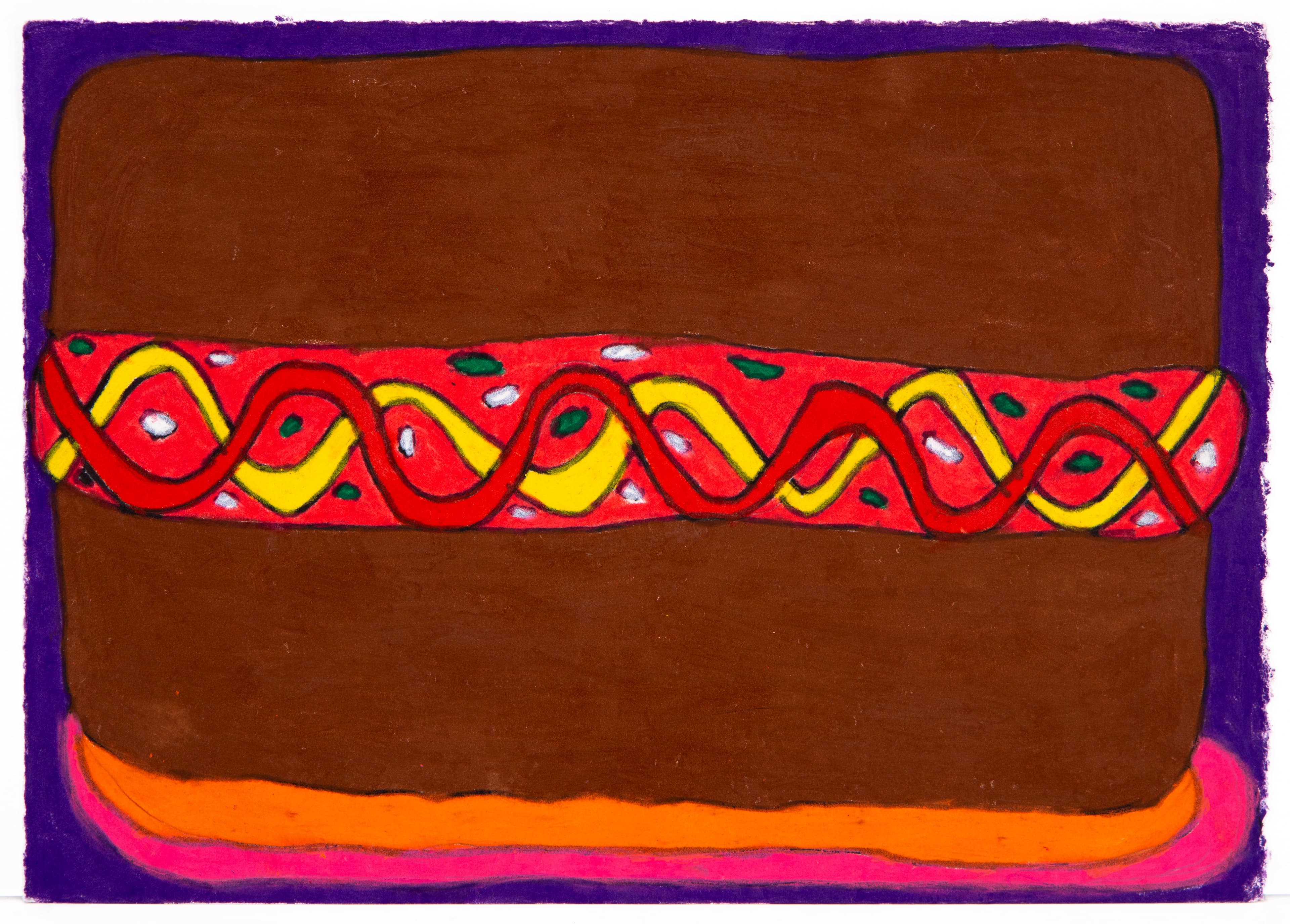 Drawing of a brown rectangular cake with red decorative band, ink and pastel on paper