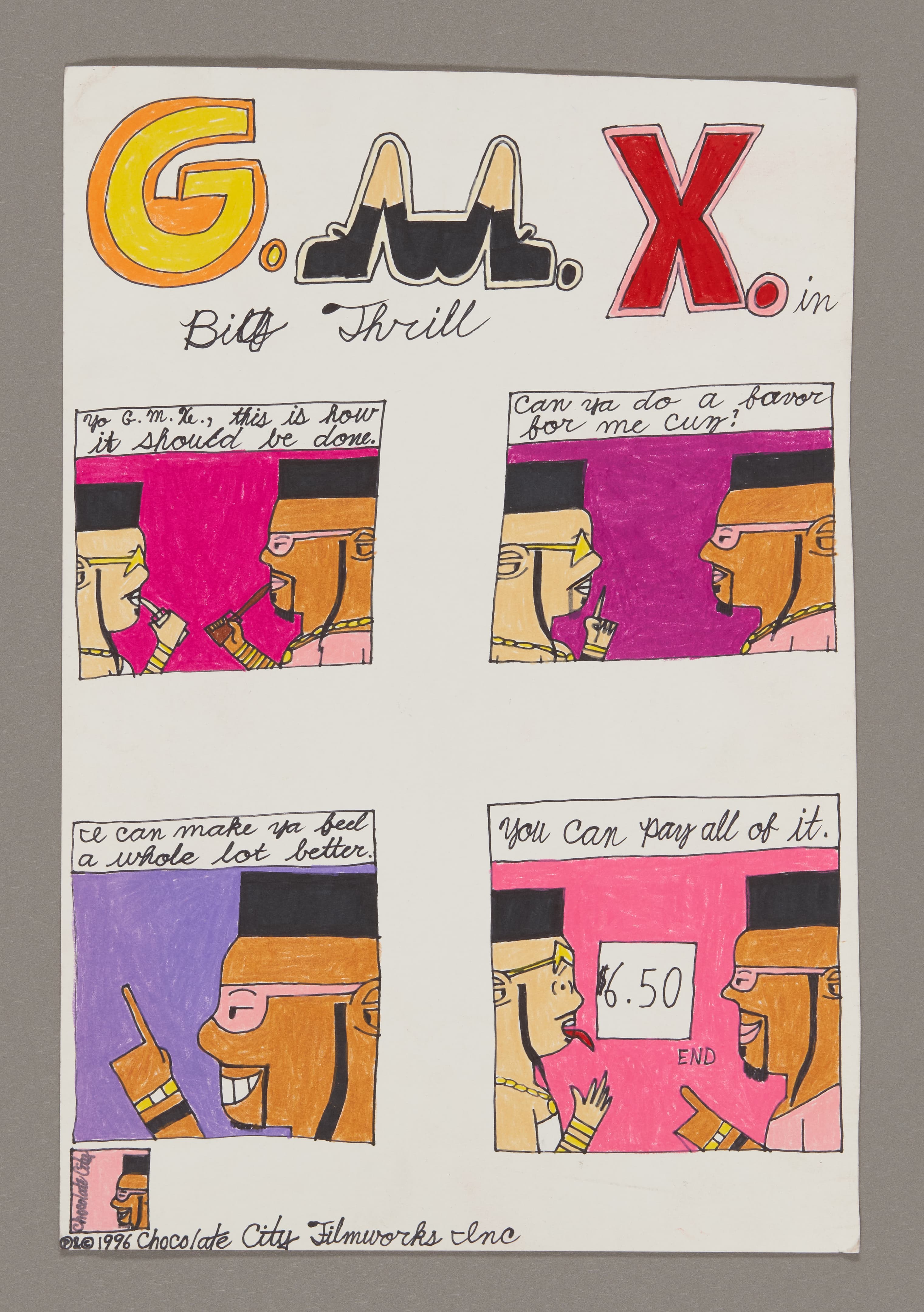 Comic strip drawing with colored markers showing four panels of cartoon characters in dialogue