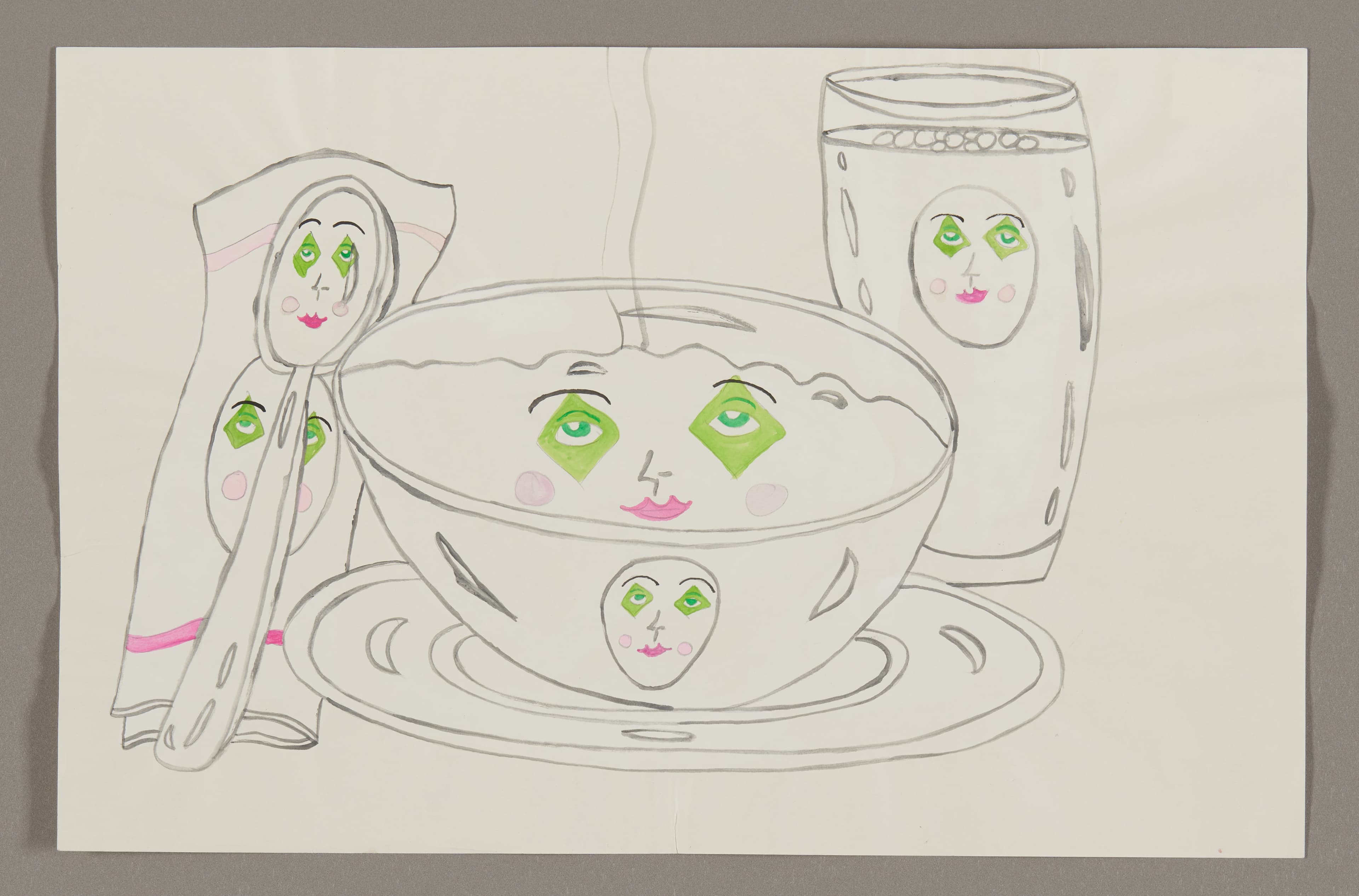 Watercolor drawing of anthropomorphic tea set with faces, including teacup, saucer, spoon, and glass on cream paper