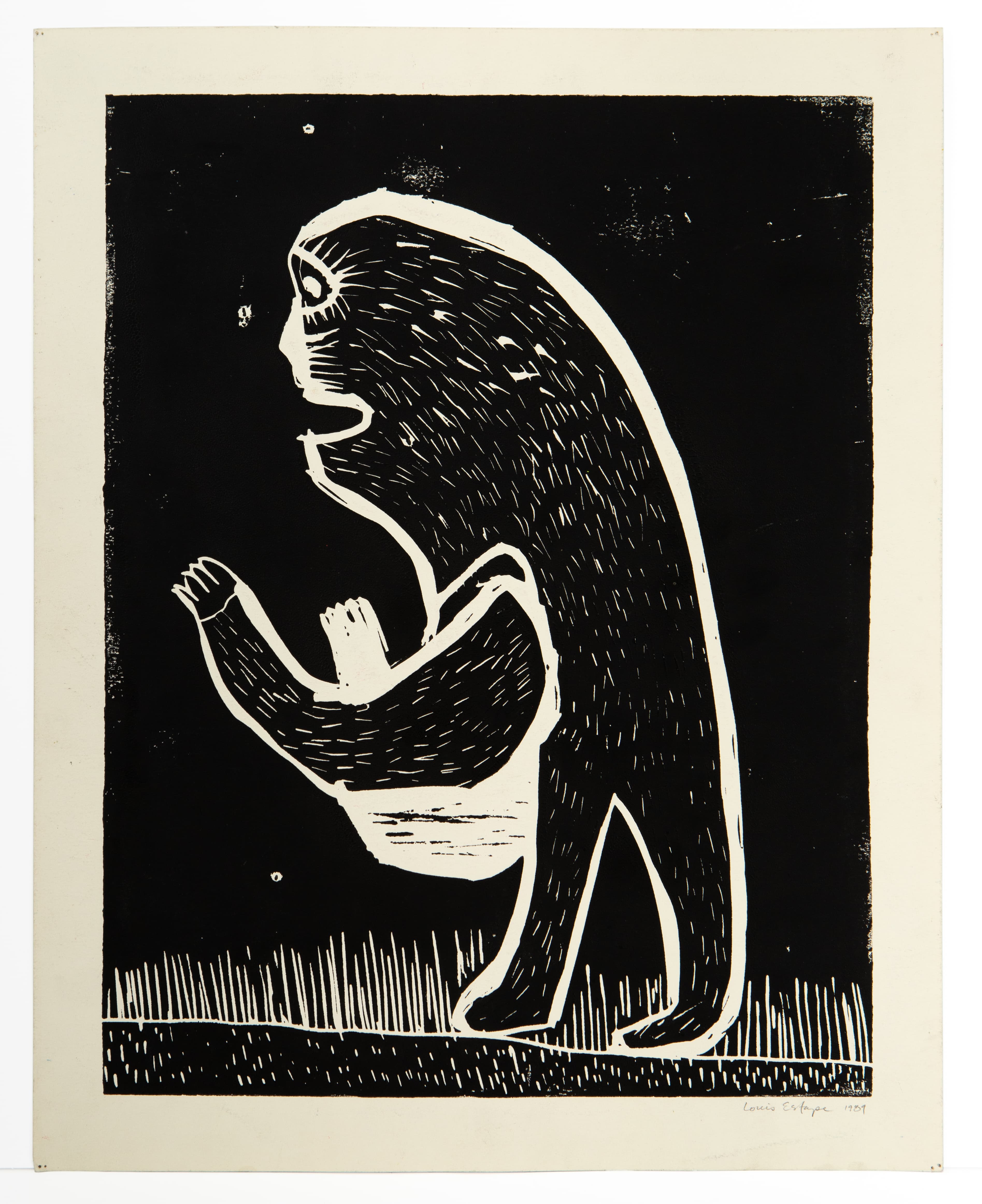Relief print of a large primate figure in profile, black ink on cream paper with textured linework