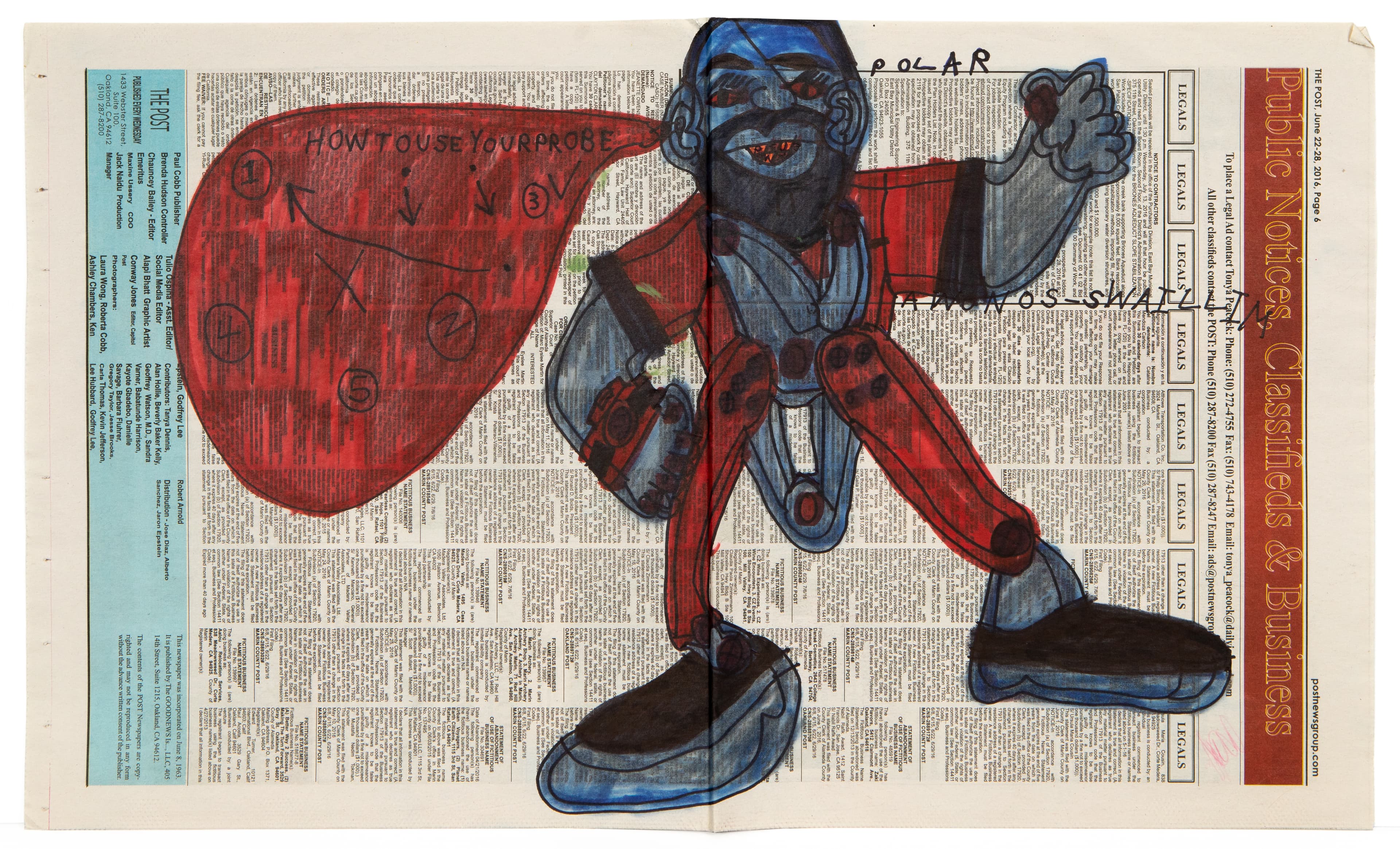 Mixed media drawing of blue superhero figure in red cape on newspaper background