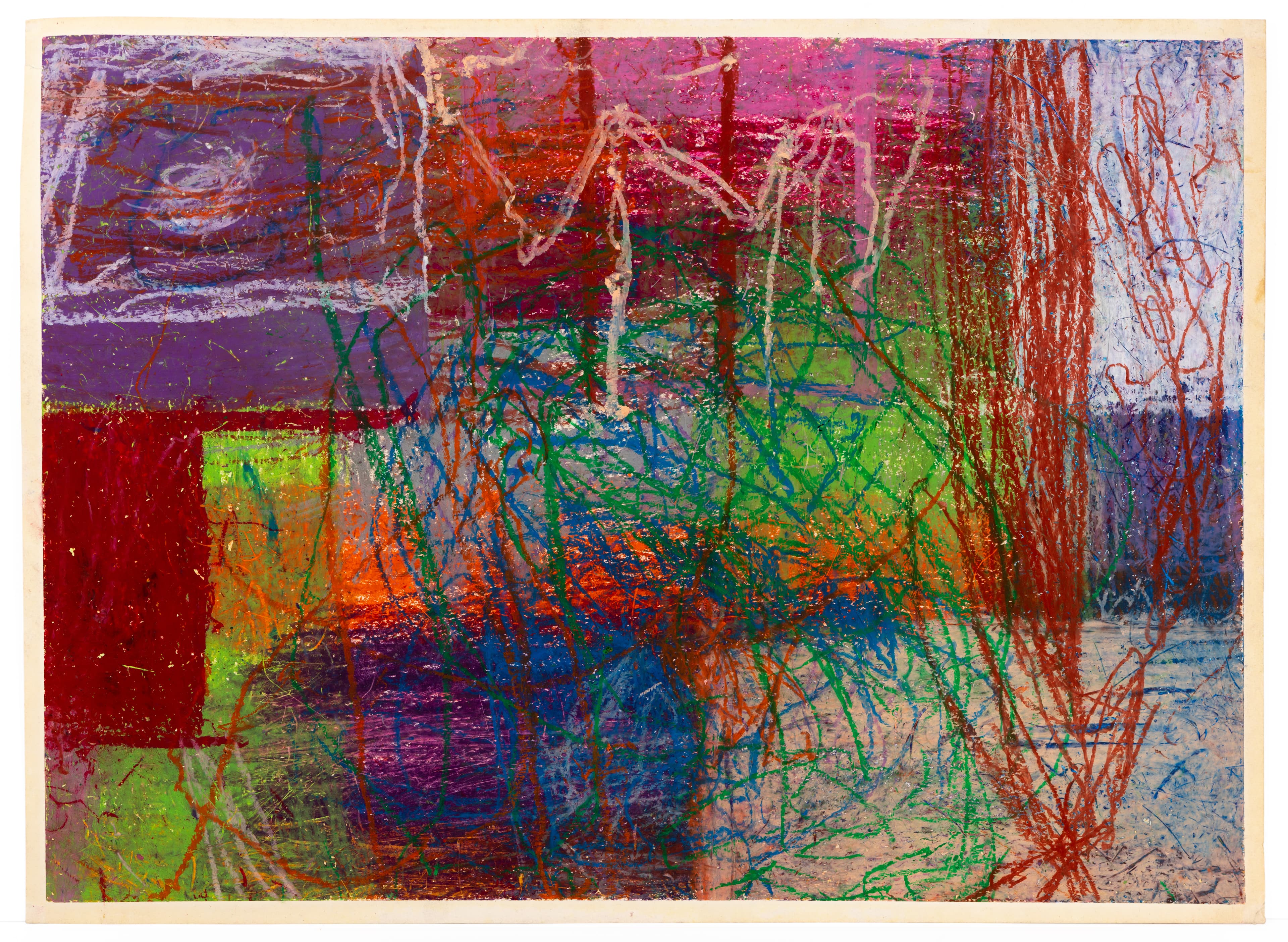 Abstract drawing with overlapping colored rectangles and energetic scribbled lines in mixed media