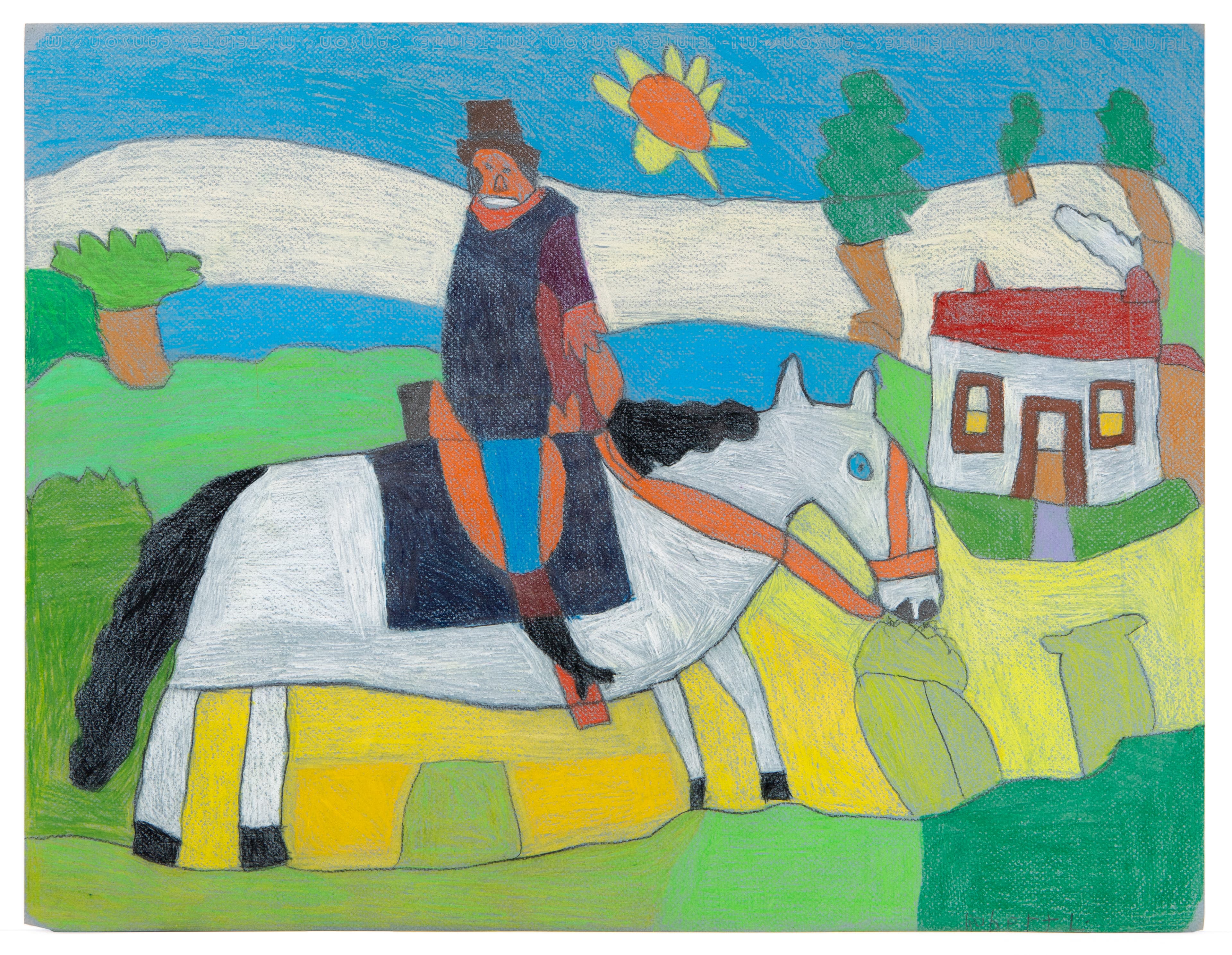 Colored pencil drawing of a person in dark clothing riding a white horse in a rural landscape with buildings and trees