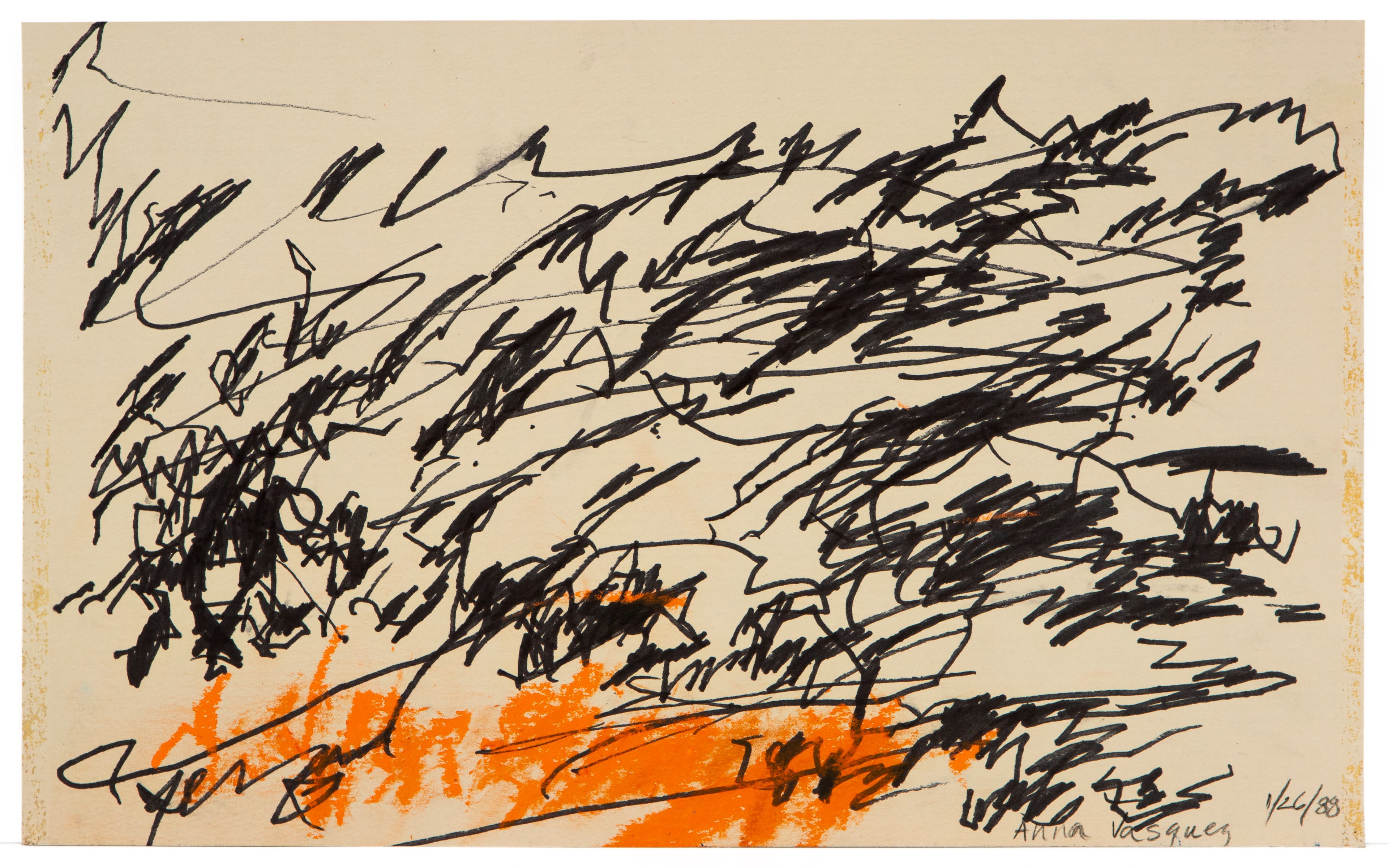 Abstract drawing with energetic black scribbles and orange marks on beige paper