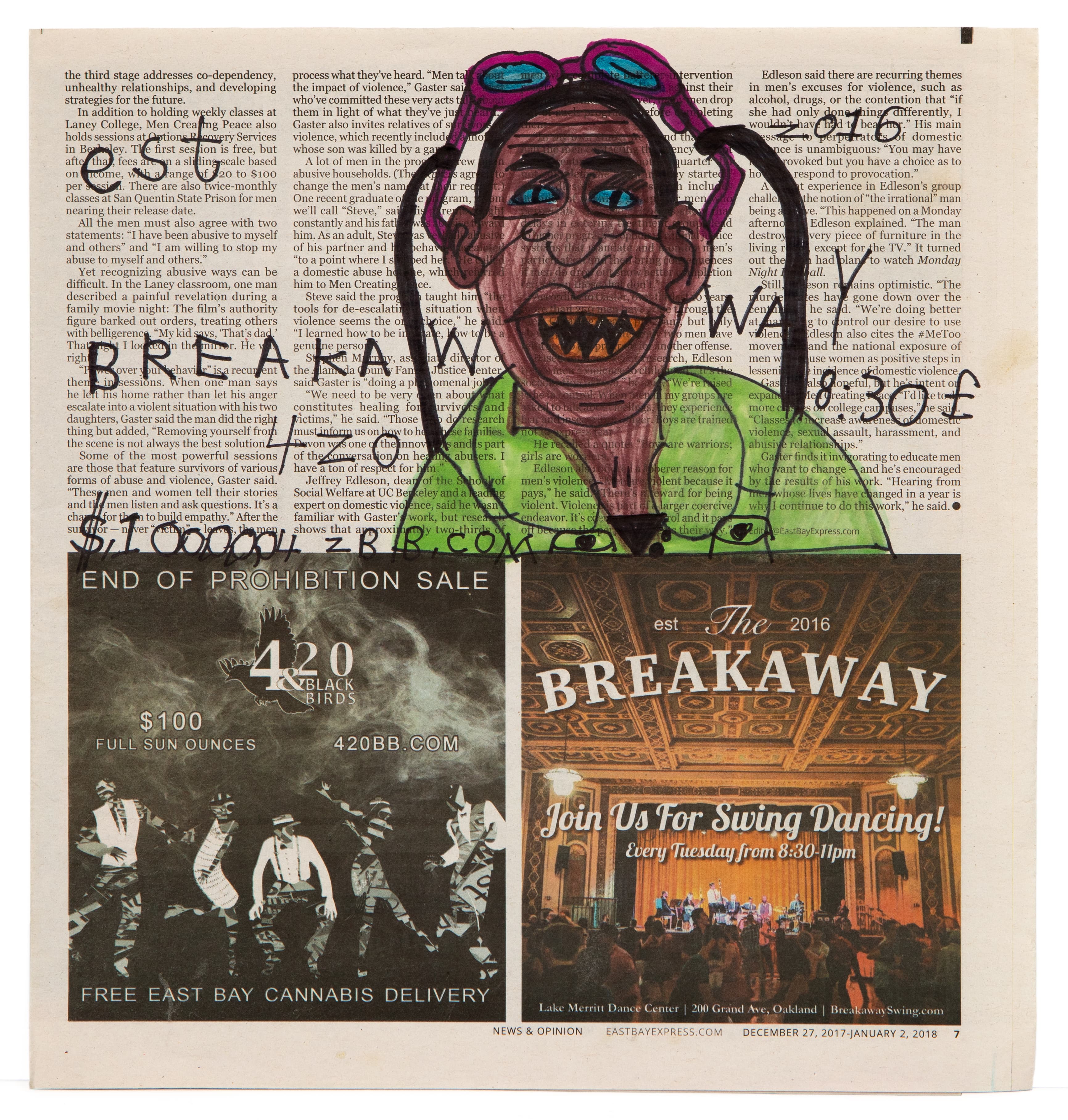 Drawing in ink on newspaper showing a purple creature with horns, blue eyes, and green shirt amid handwritten text
