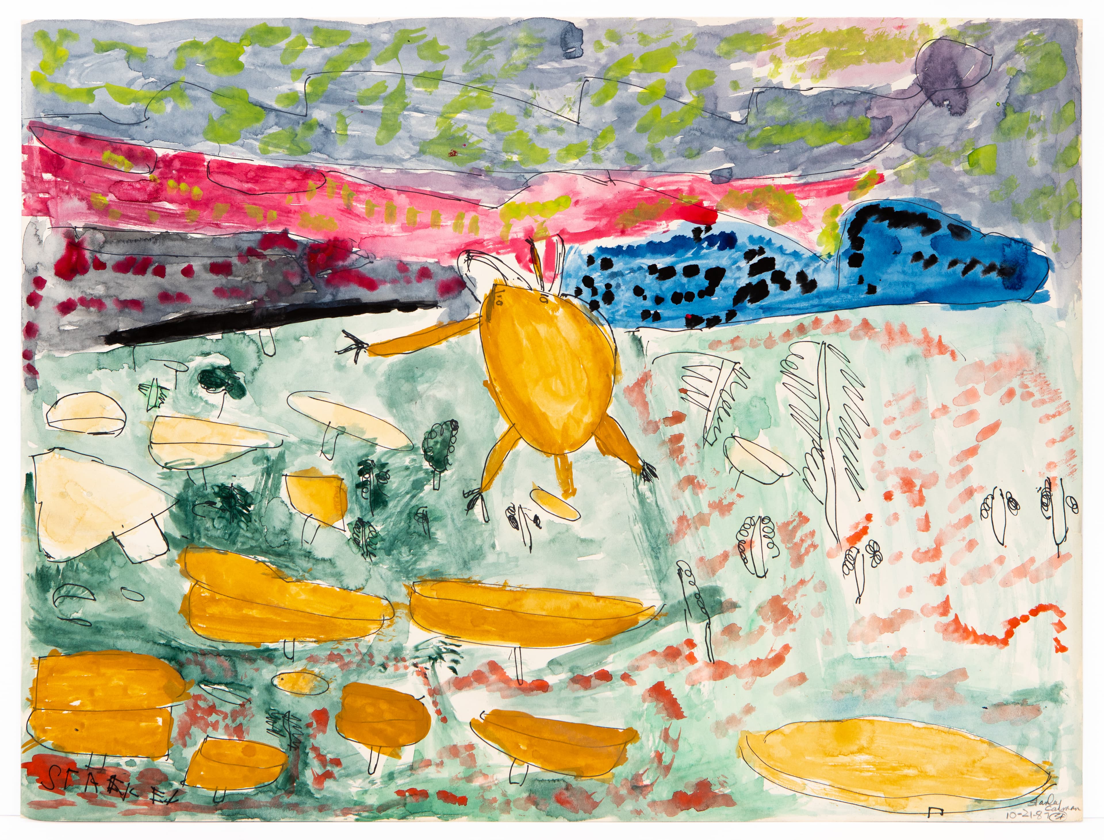Watercolor and ink painting with abstract landscape featuring orange oval shapes, blue and pink areas, and green foliage