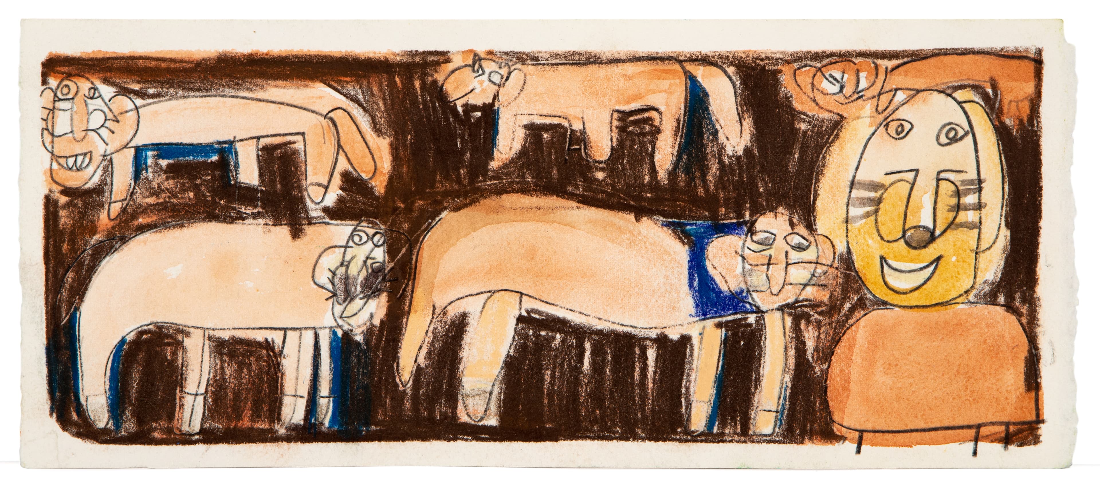 Mixed media drawing of stylized figures and faces in orange, brown, and blue pastels on paper