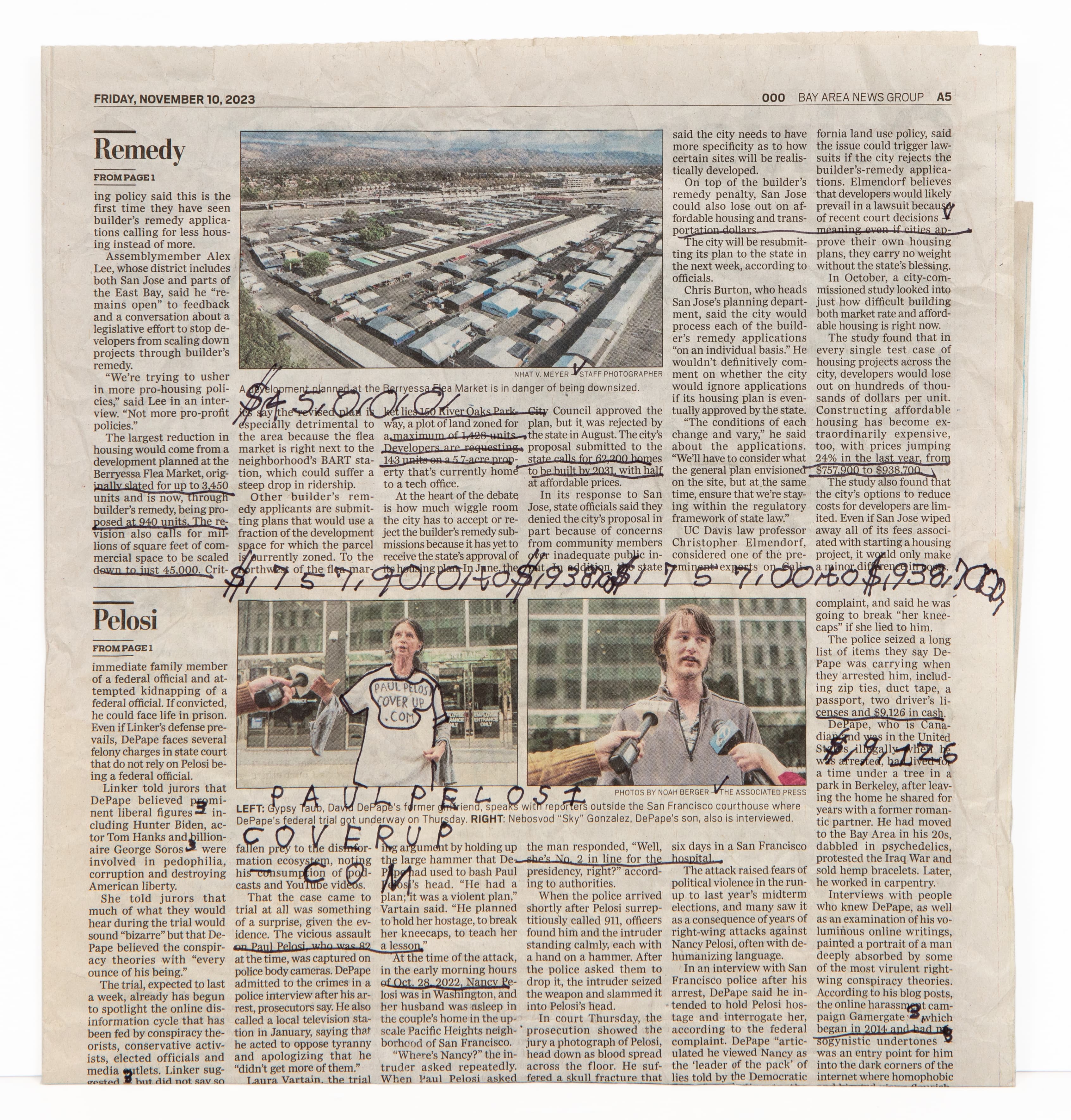 Mixed media artwork with ink drawings and text overlaid on newspaper clippings about housing and political issues