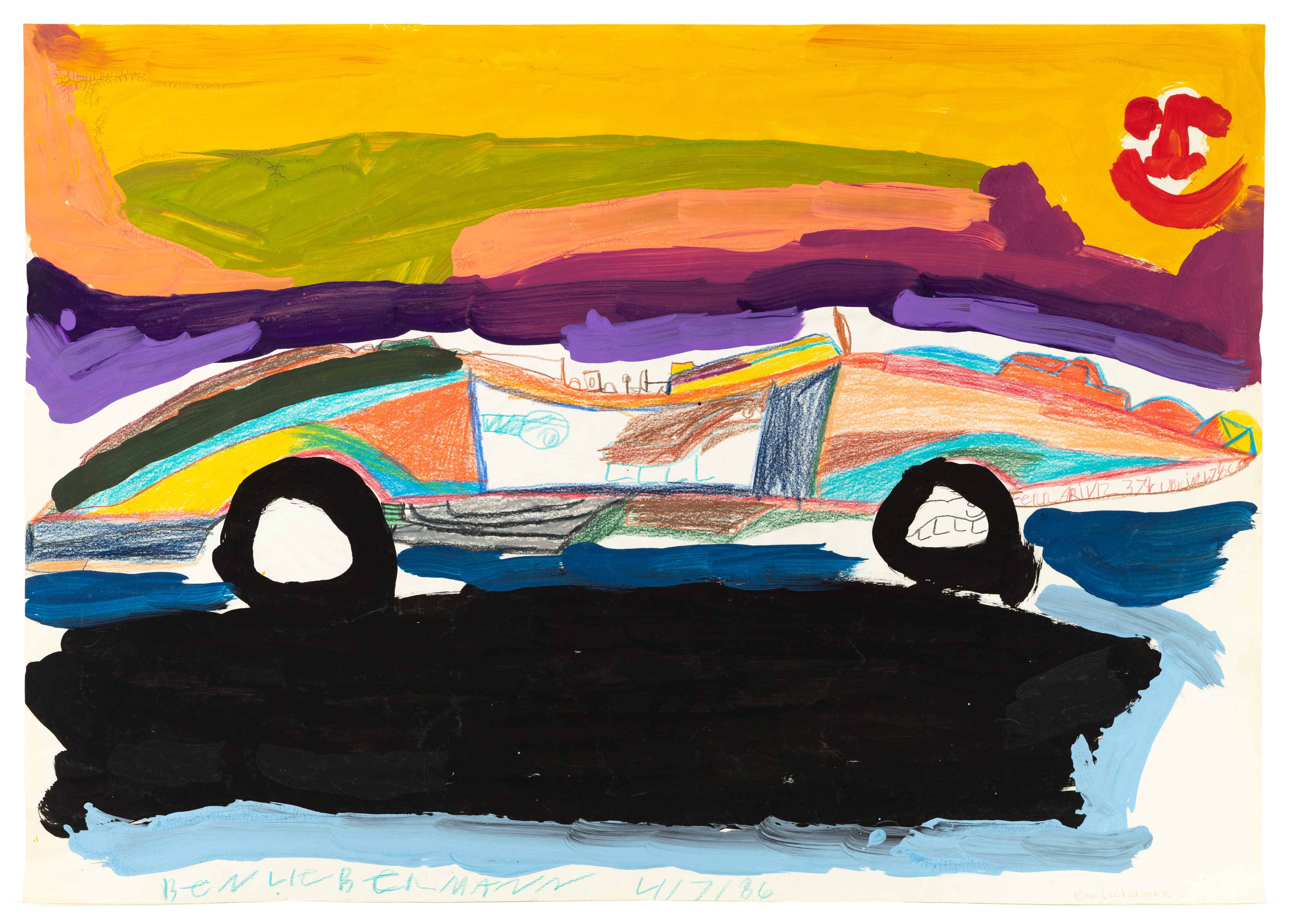 Mixed media drawing of a colorful race car with black shadow beneath, set against vibrant yellow and purple landscape