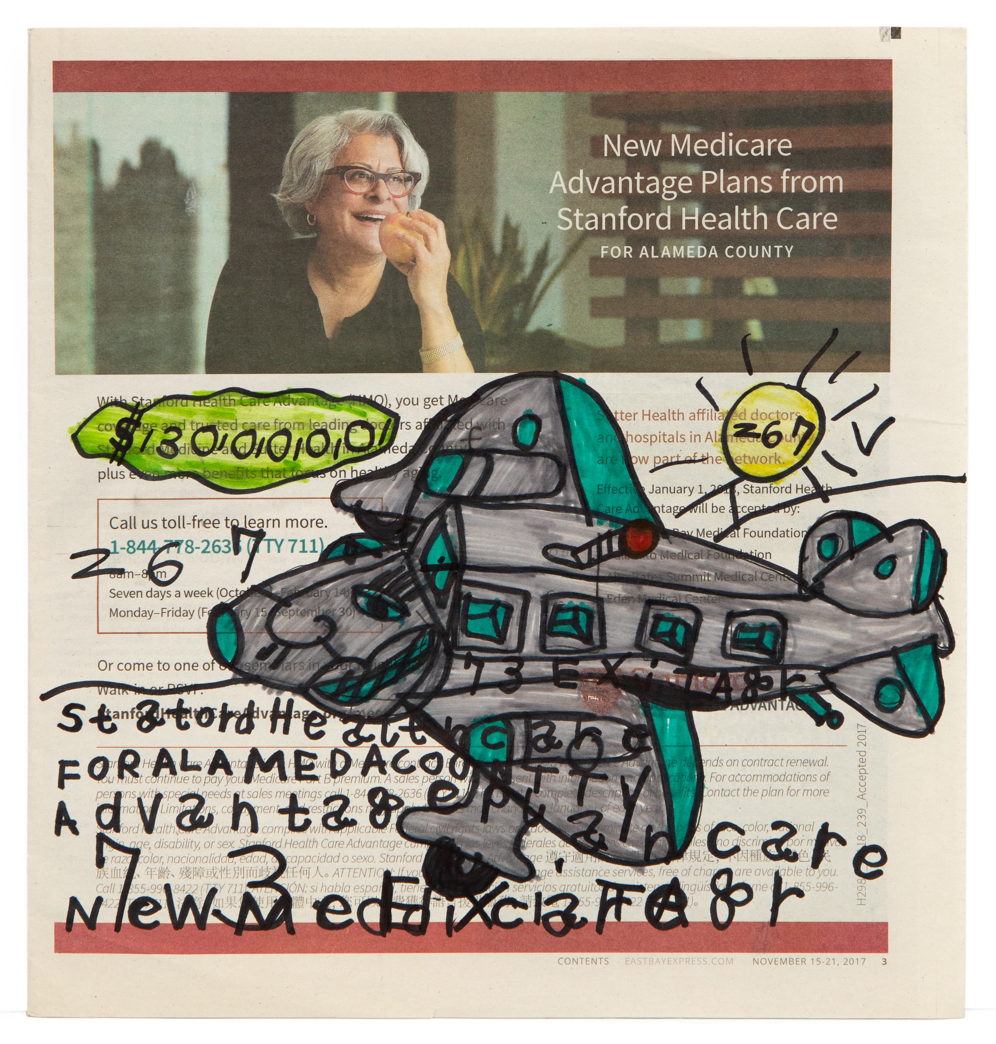 Drawing of an airplane in ink over a Medicare advertisement newspaper page