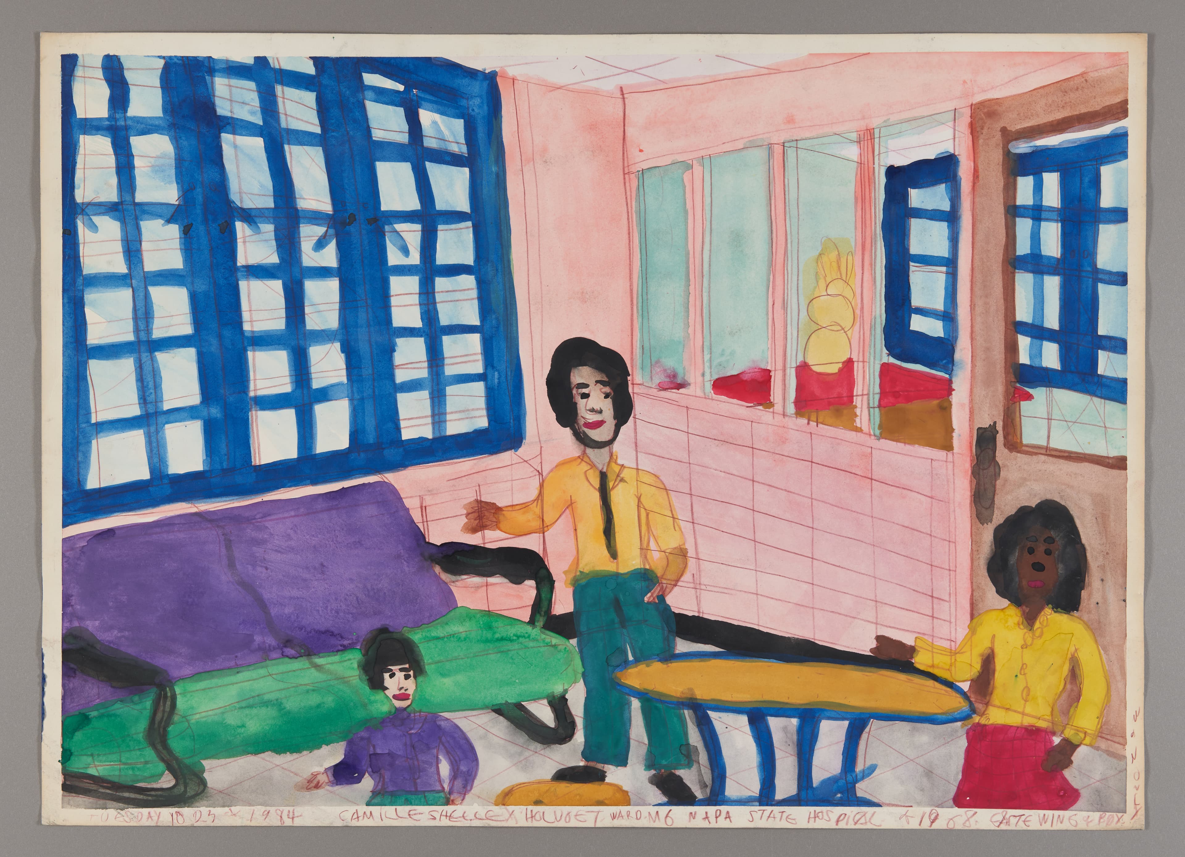 Watercolor and colored pencil drawing of hospital room interior with three figures, bright pink walls and blue windows