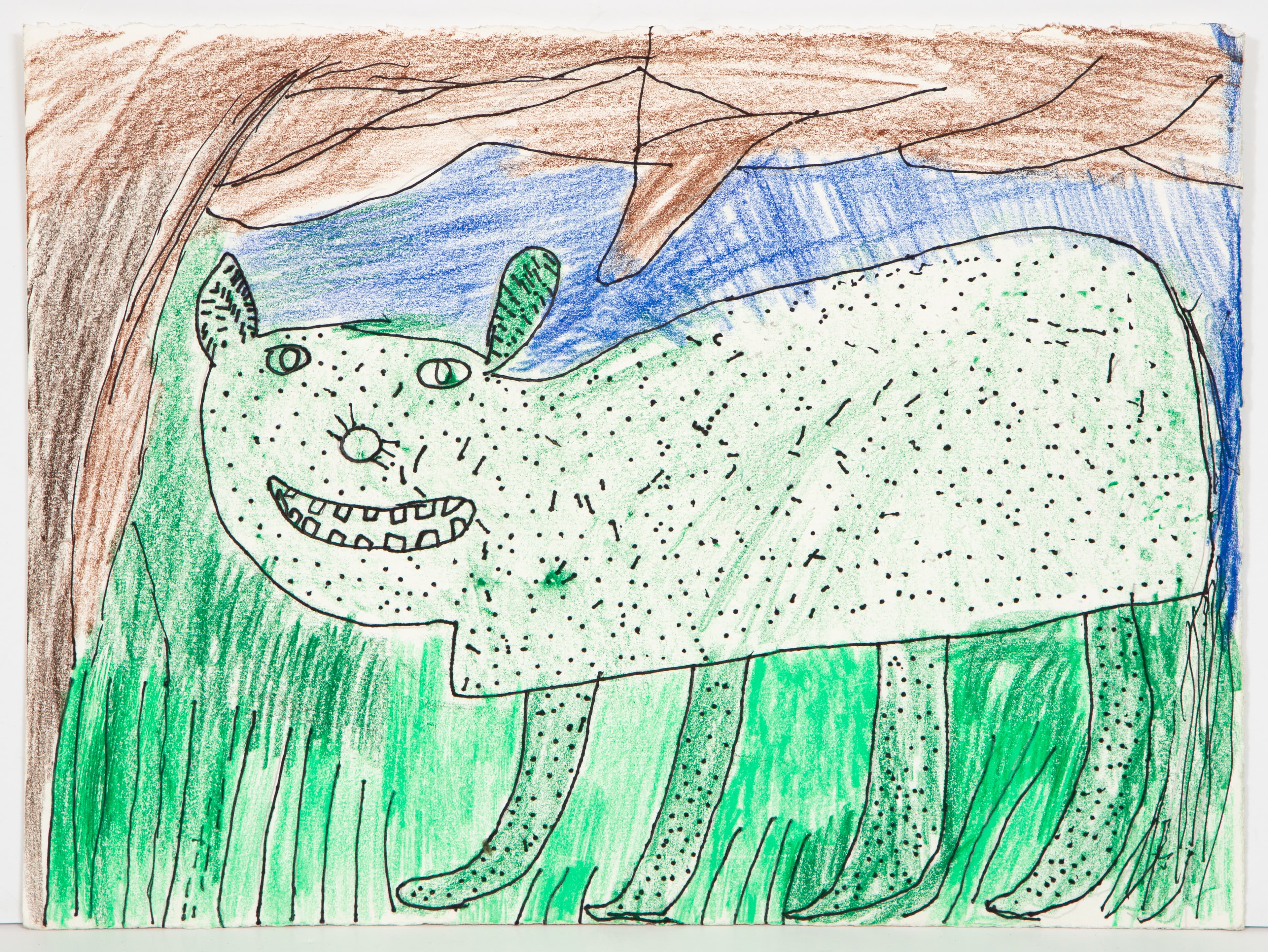 Colored pencil and ink drawing of a spotted hippopotamus with prominent teeth standing in green grass under a cave