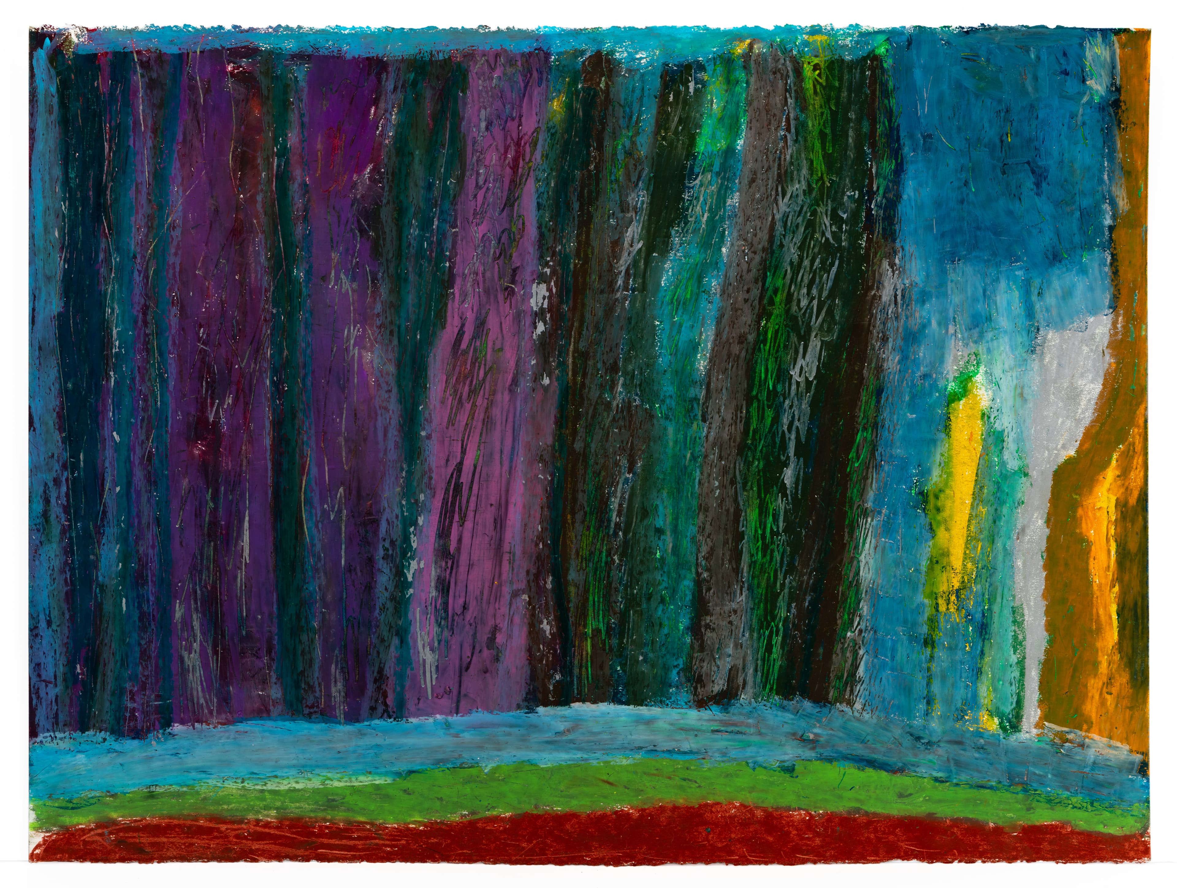 Abstract painting with vertical brushstrokes in purple, green, and blue with yellow accent and red horizontal base