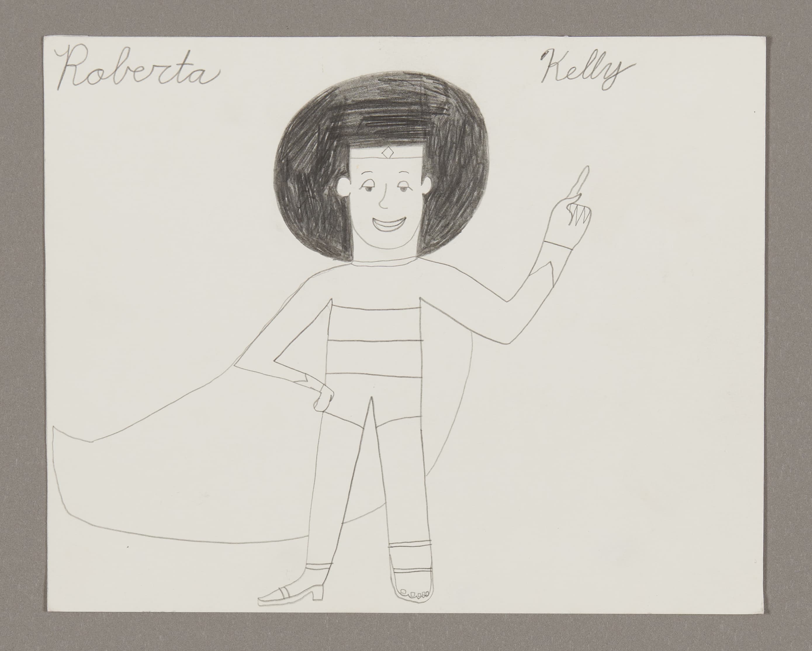 Graphite drawing of a figure with dark hair wearing a cape and striped shirt, one hand raised in greeting