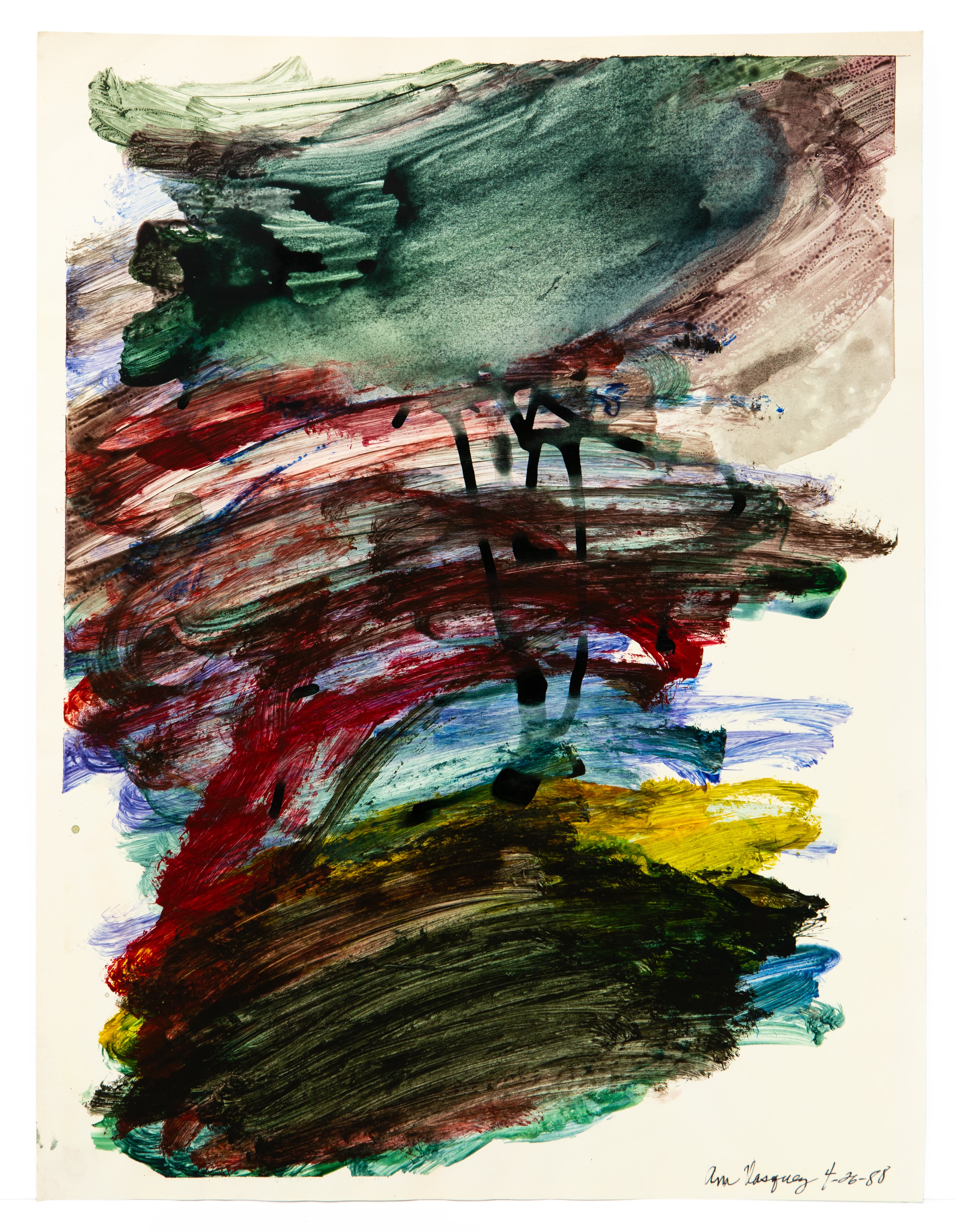Abstract painting with bold brushstrokes in green, red, brown, and yellow paint on cream paper