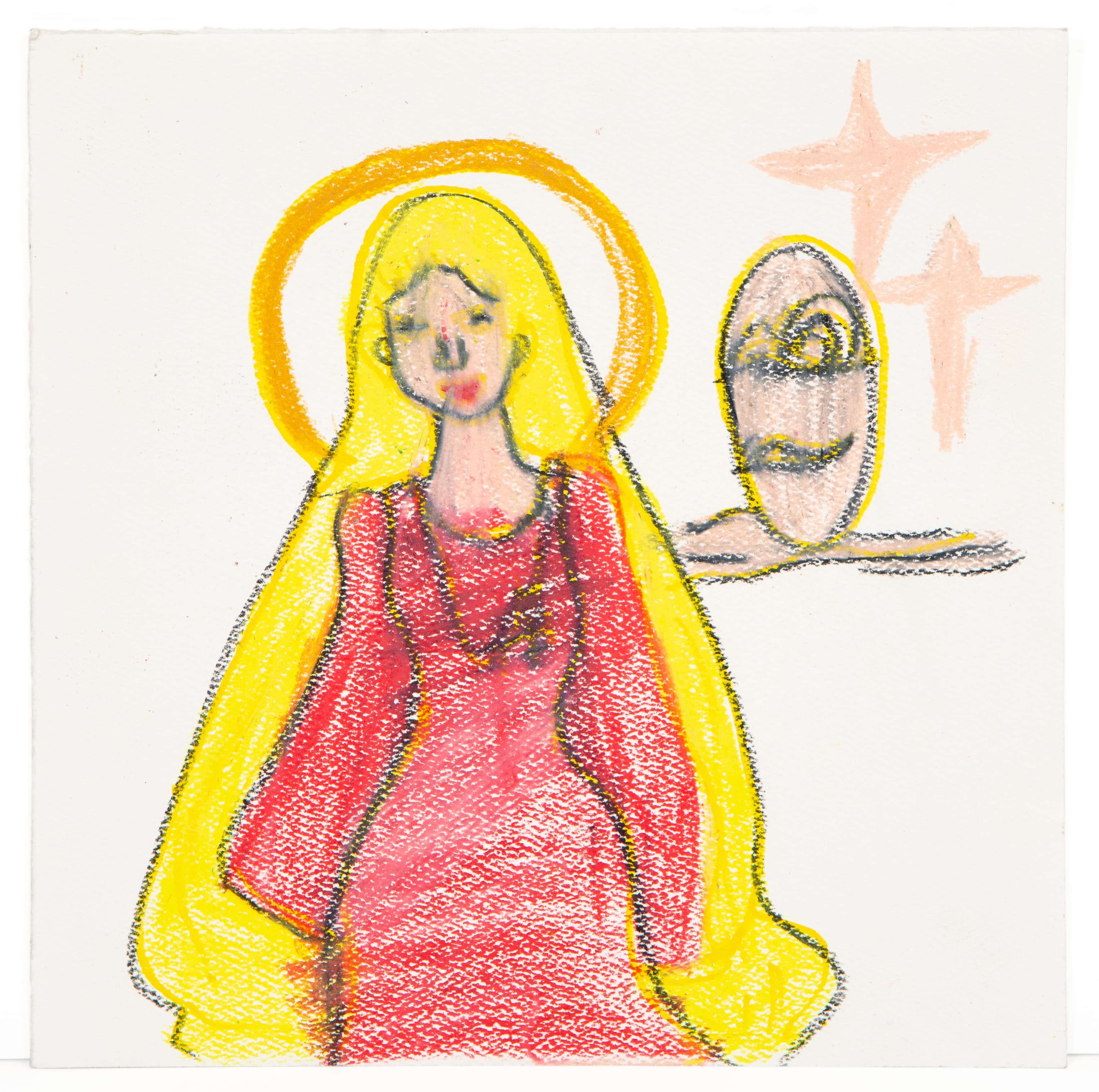 Colored pencil drawing of figure with yellow hair and halo in red garment holding circular object with crosses above