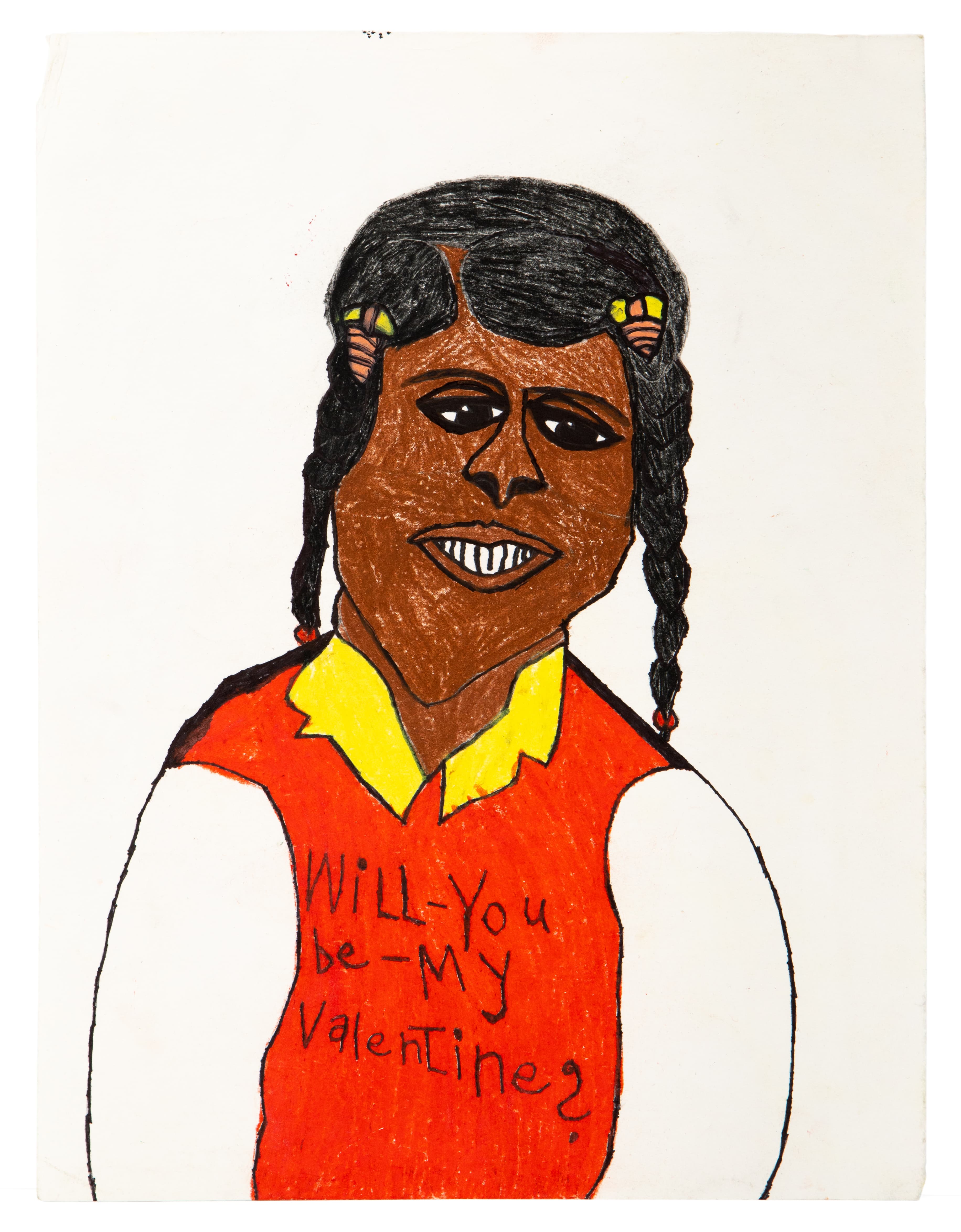Portrait drawing of a figure with braided hair wearing red vest with yellow collar and Valentine's Day message
