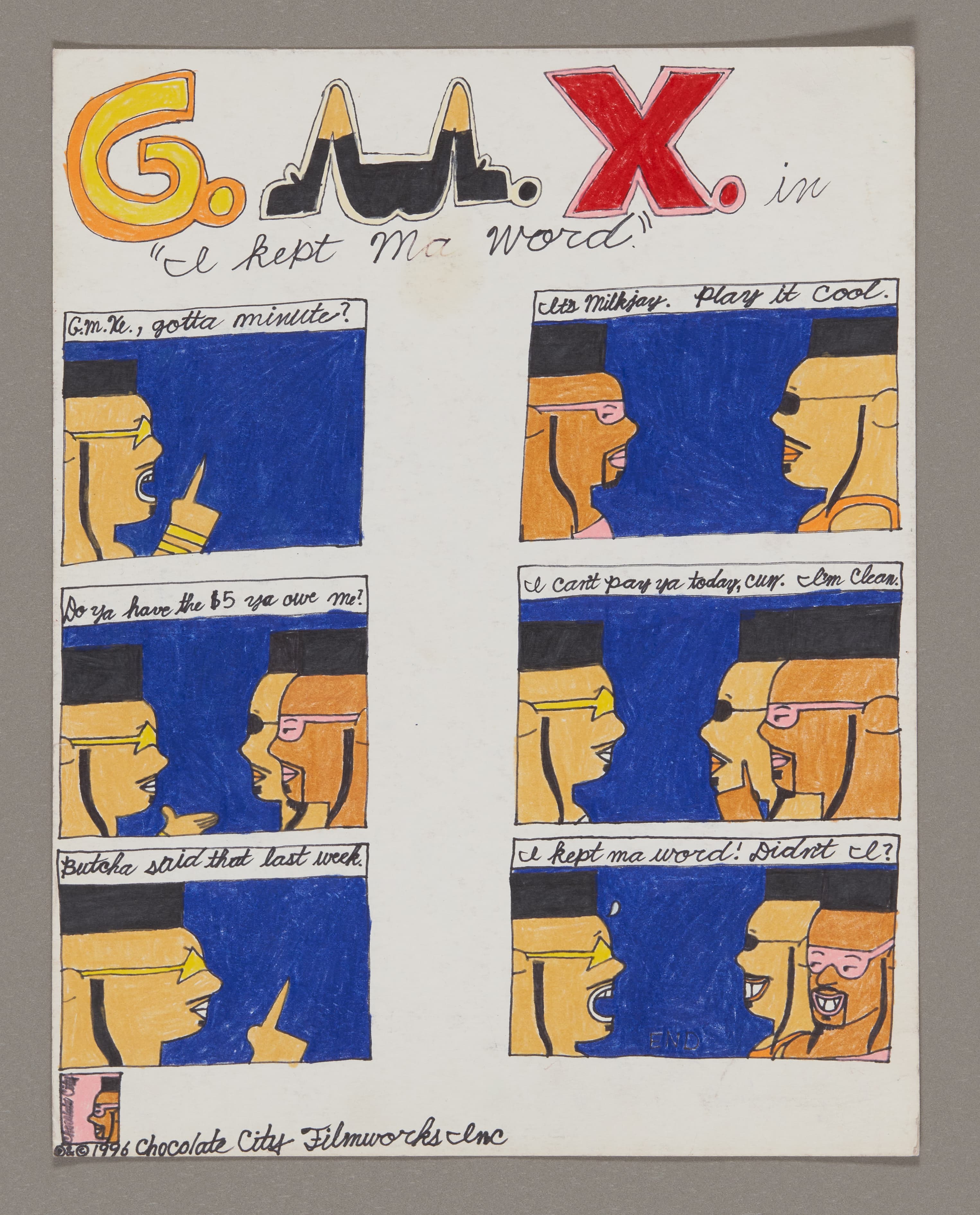 Hand-drawn comic strip with six panels showing conversations between characters, colored pencil and ink on paper
