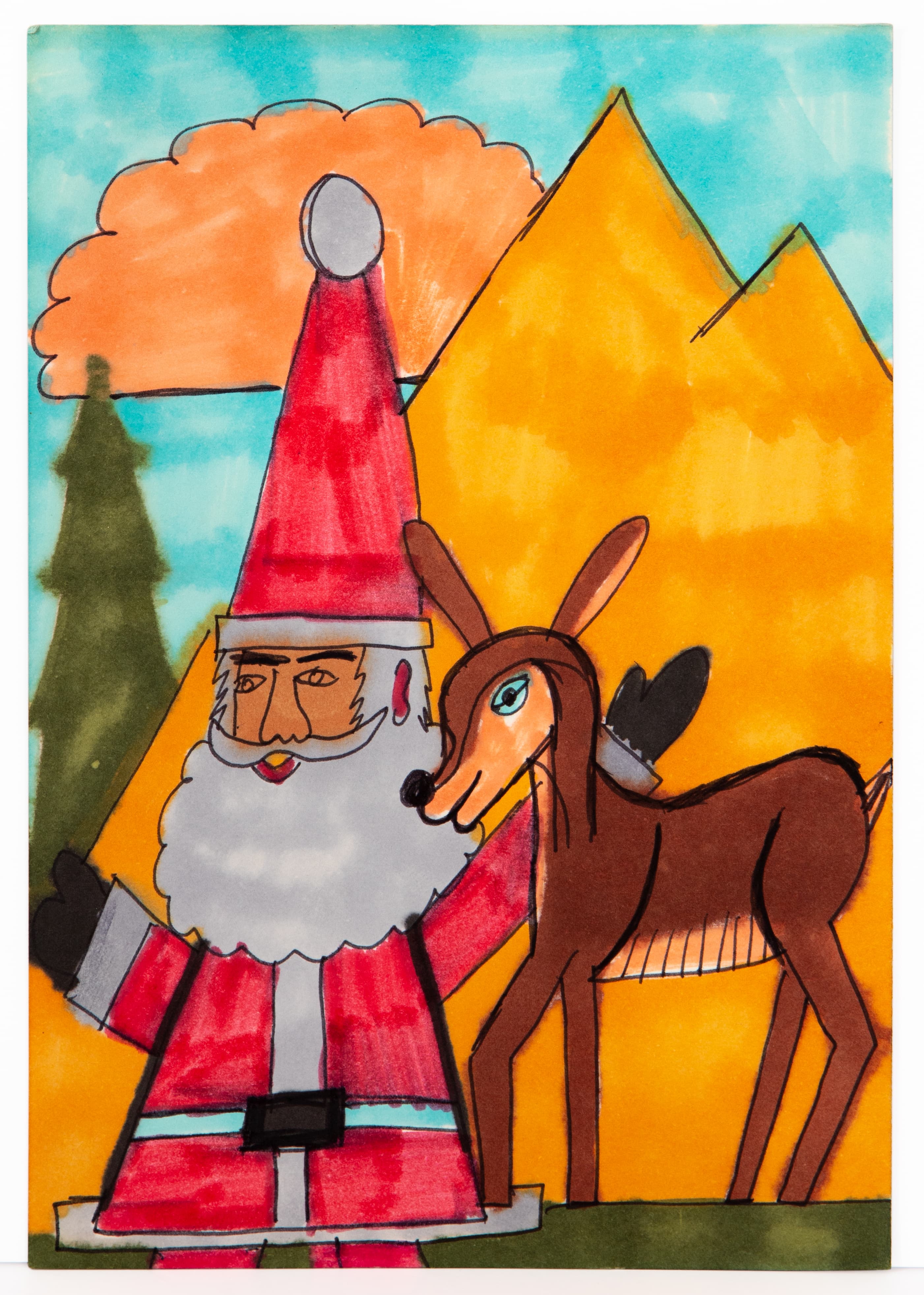 Colorful ink drawing of Santa Claus with reindeer against yellow mountains and blue sky