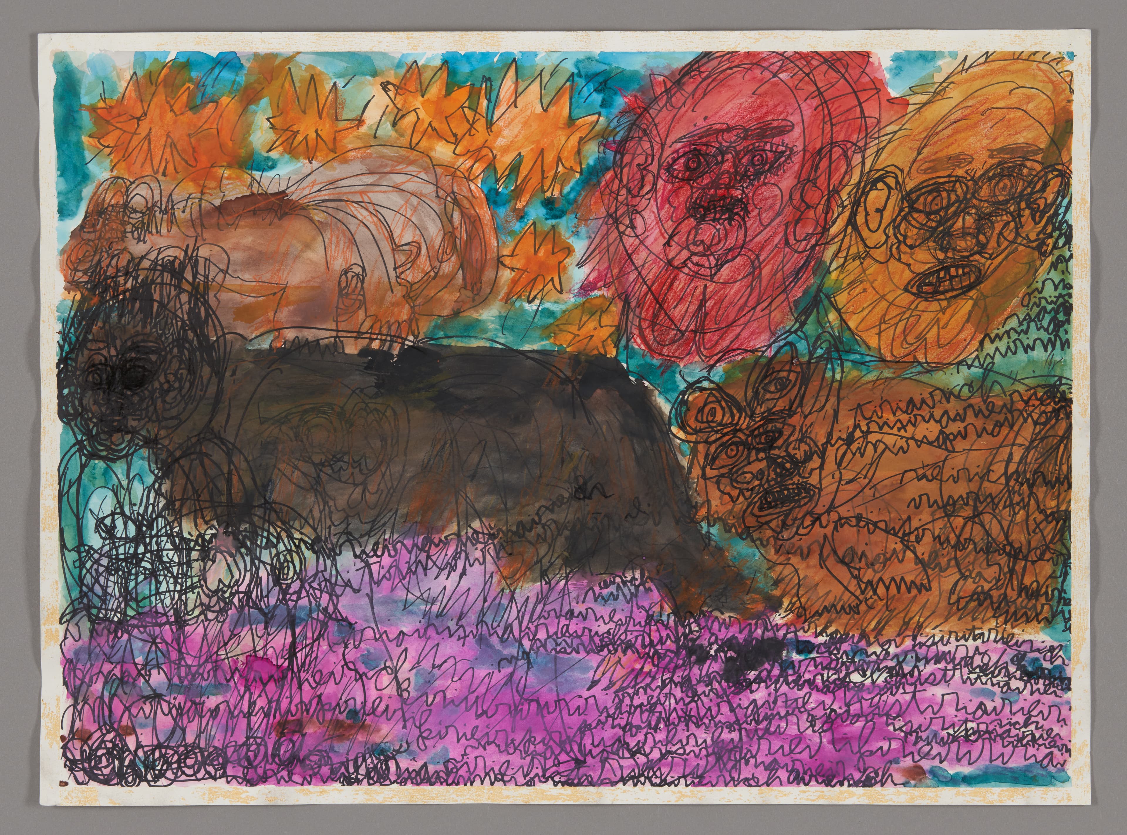 Mixed media drawing with multiple portrait heads and energetic line work in watercolor and ink