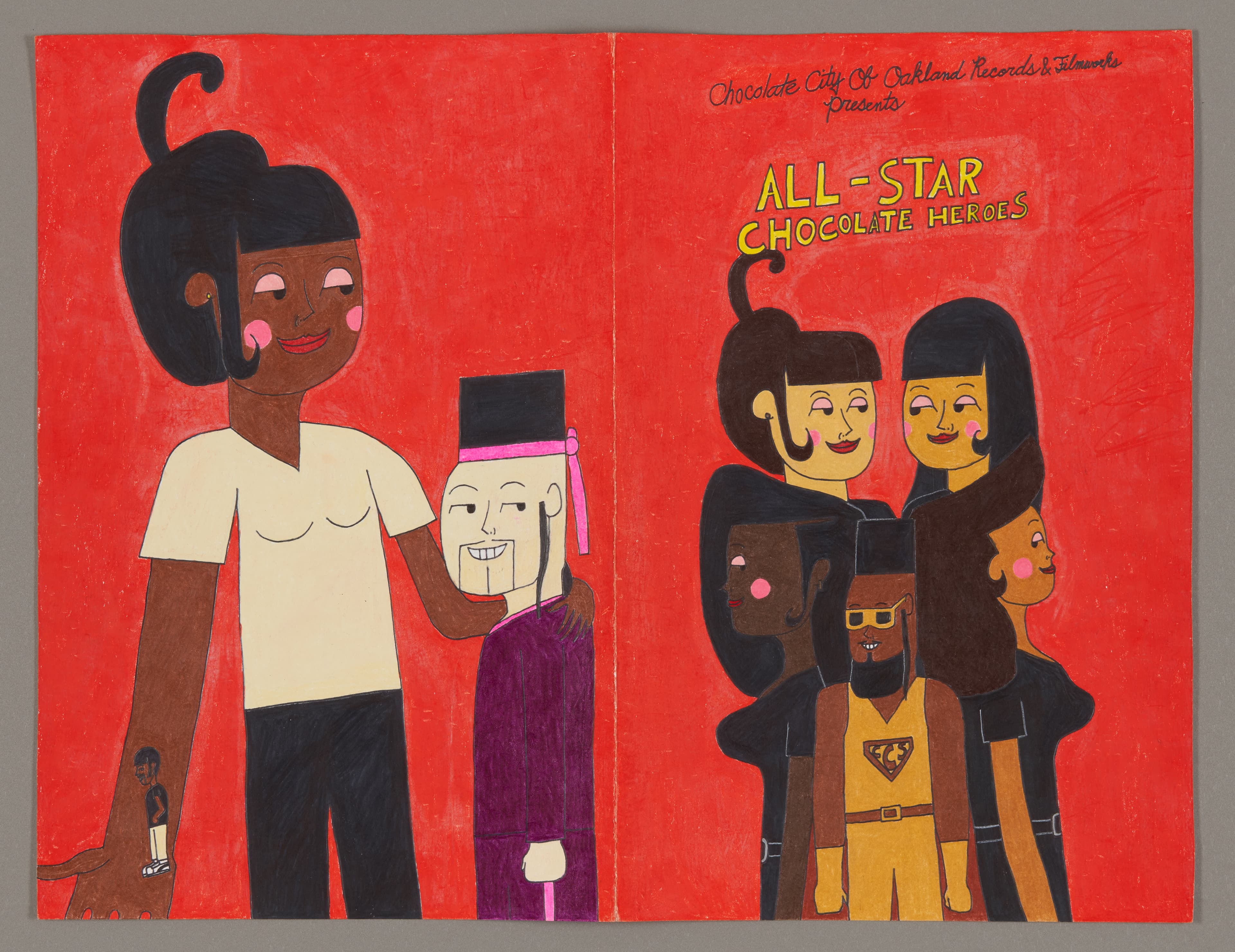 Drawing titled 'All-Star Chocolate Heroes' showing cartoon-style figures in bright colors on red background