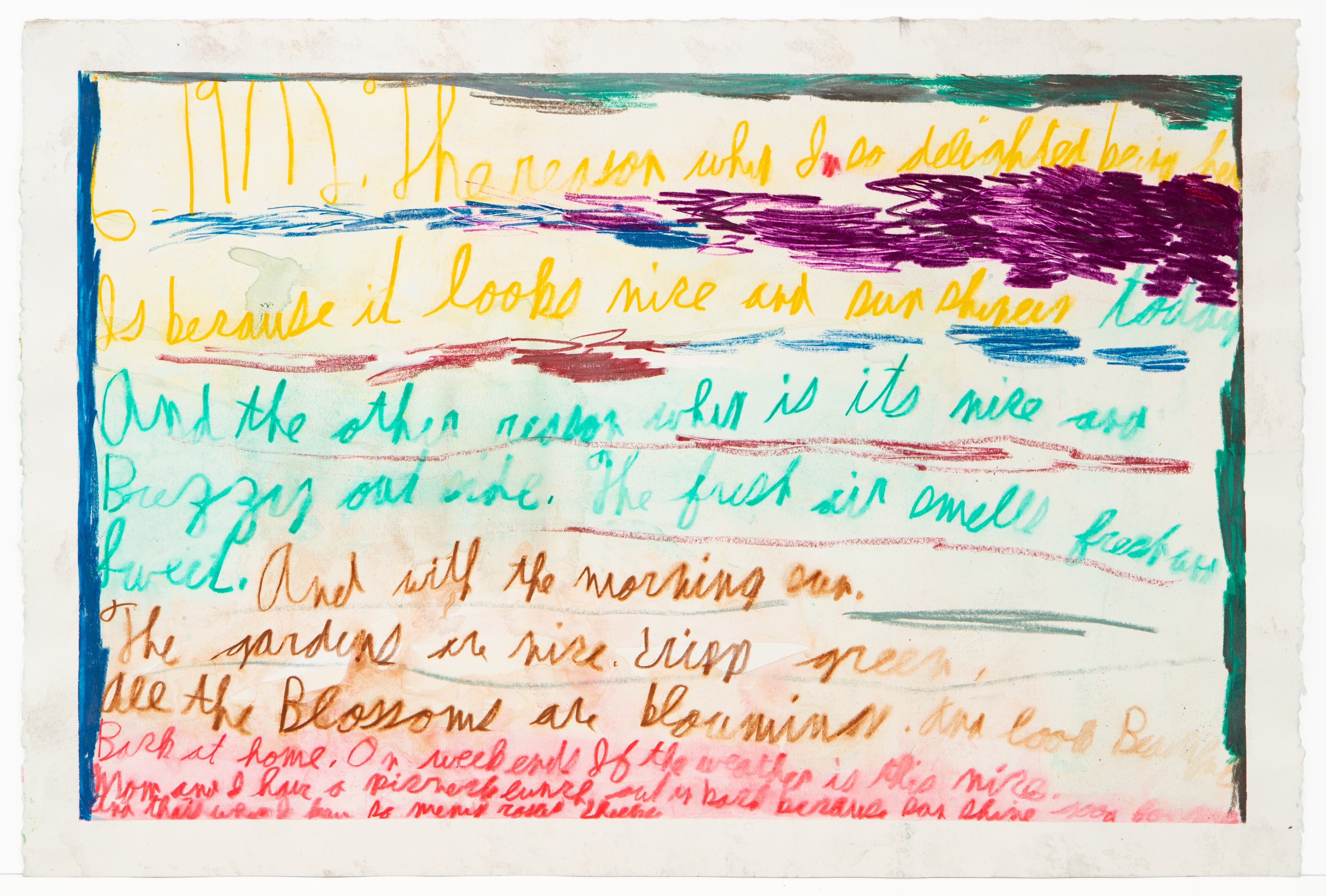 Mixed media artwork with handwritten text in colored markers on white paper