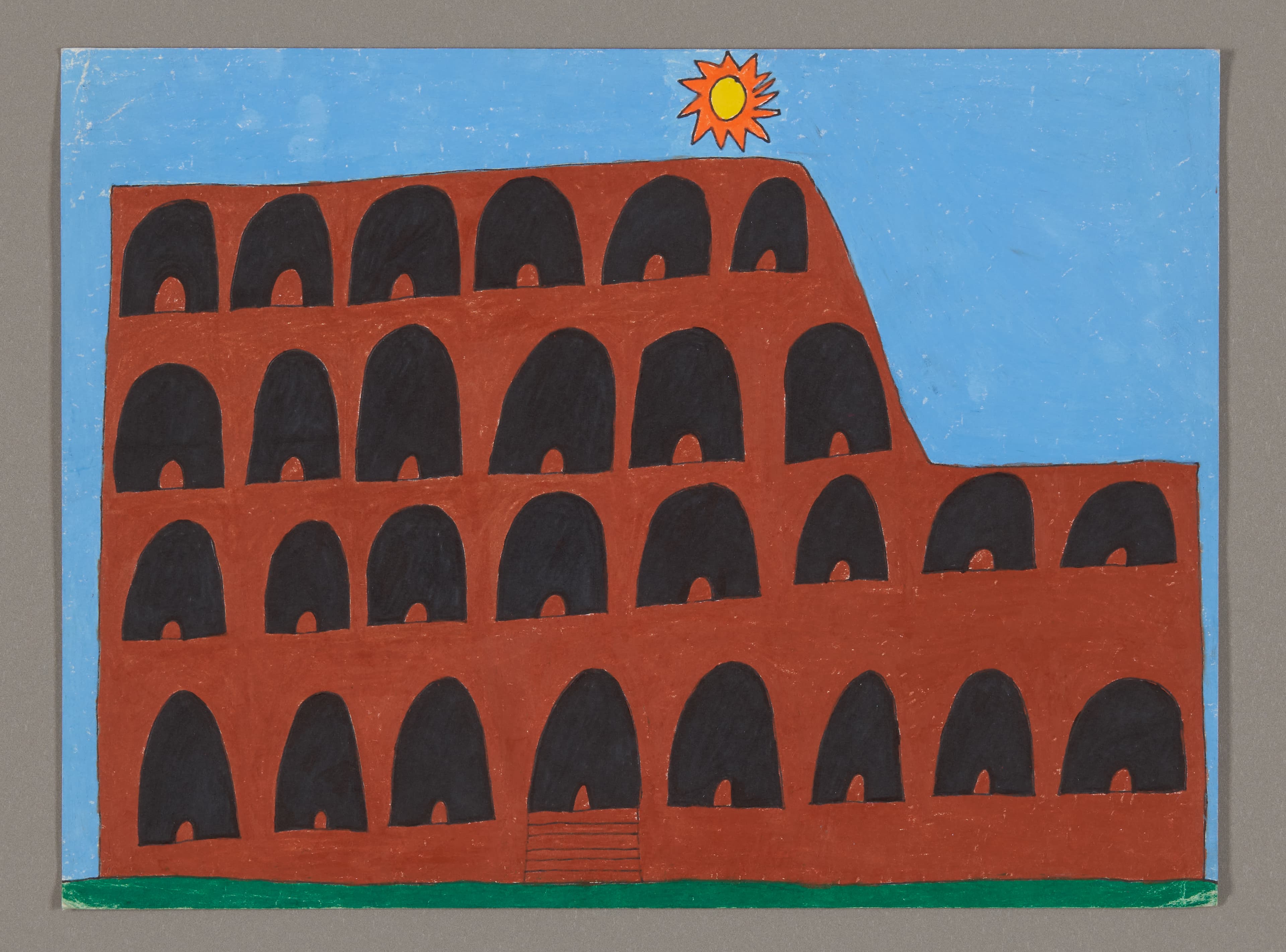 Drawing of the Roman Colosseum in red-orange with black arched openings, blue sky, and yellow-orange sun above