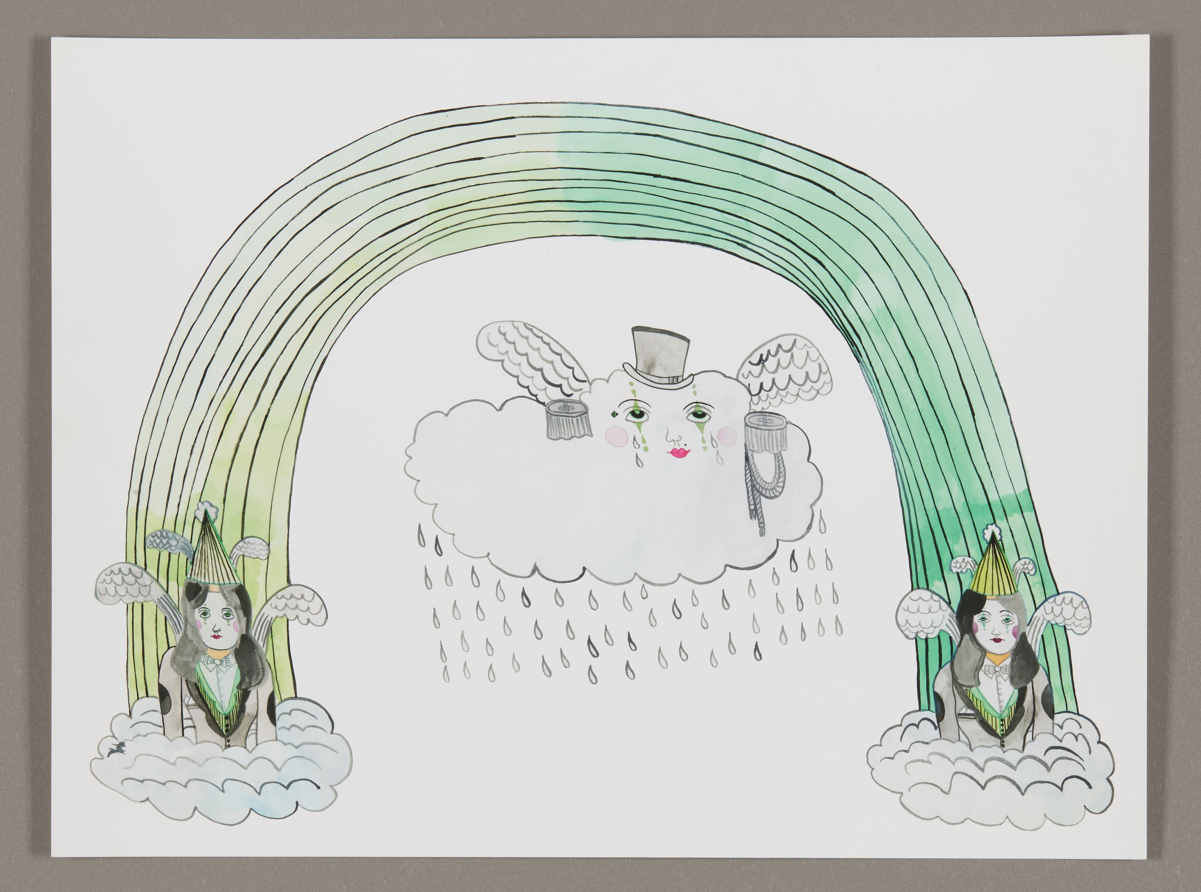 Drawing of green rainbow with winged figures on clouds and rain cloud with top hat, graphite and watercolor on paper
