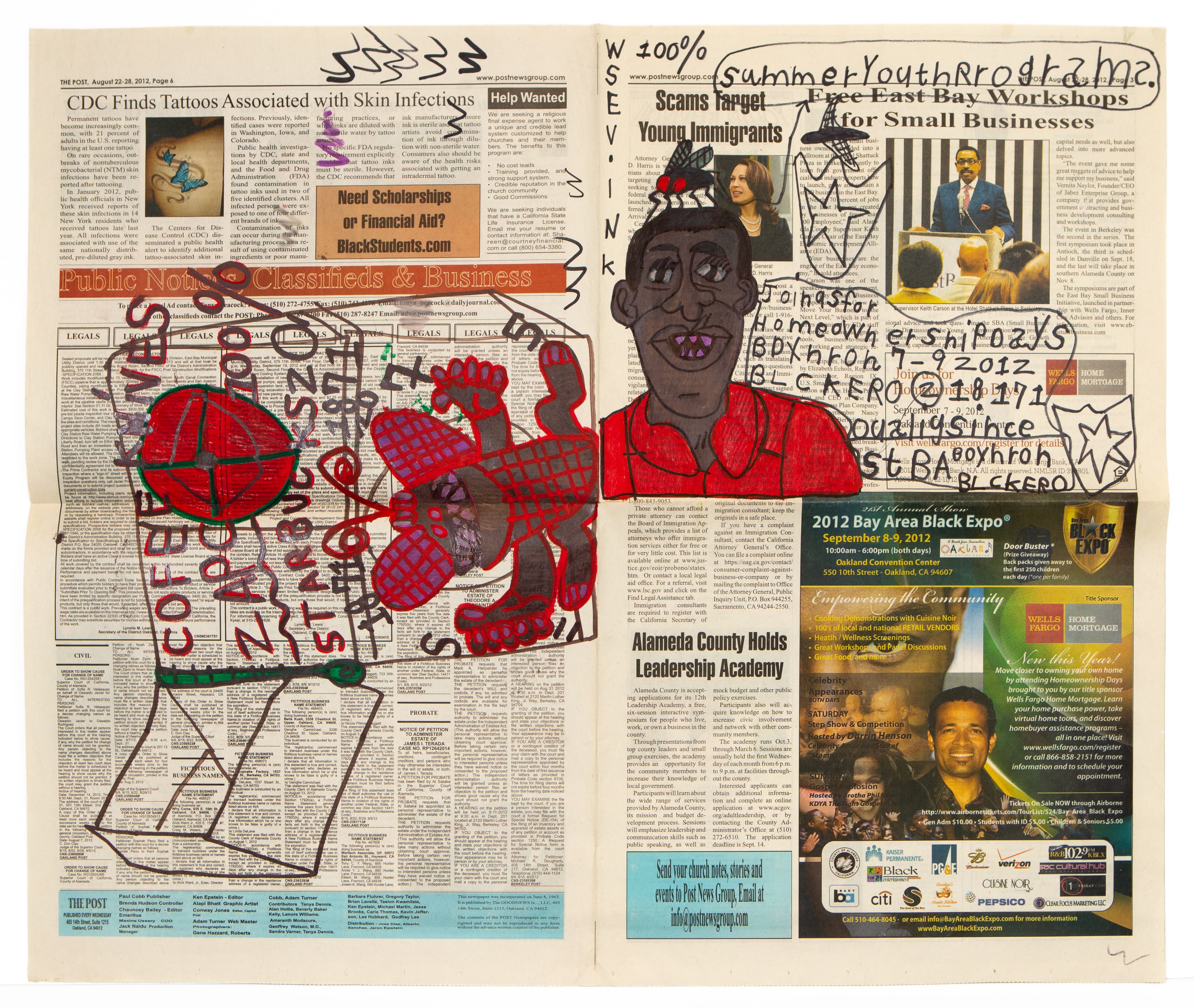 Mixed media artwork with ink drawings on newspaper featuring a figure in red and various text elements