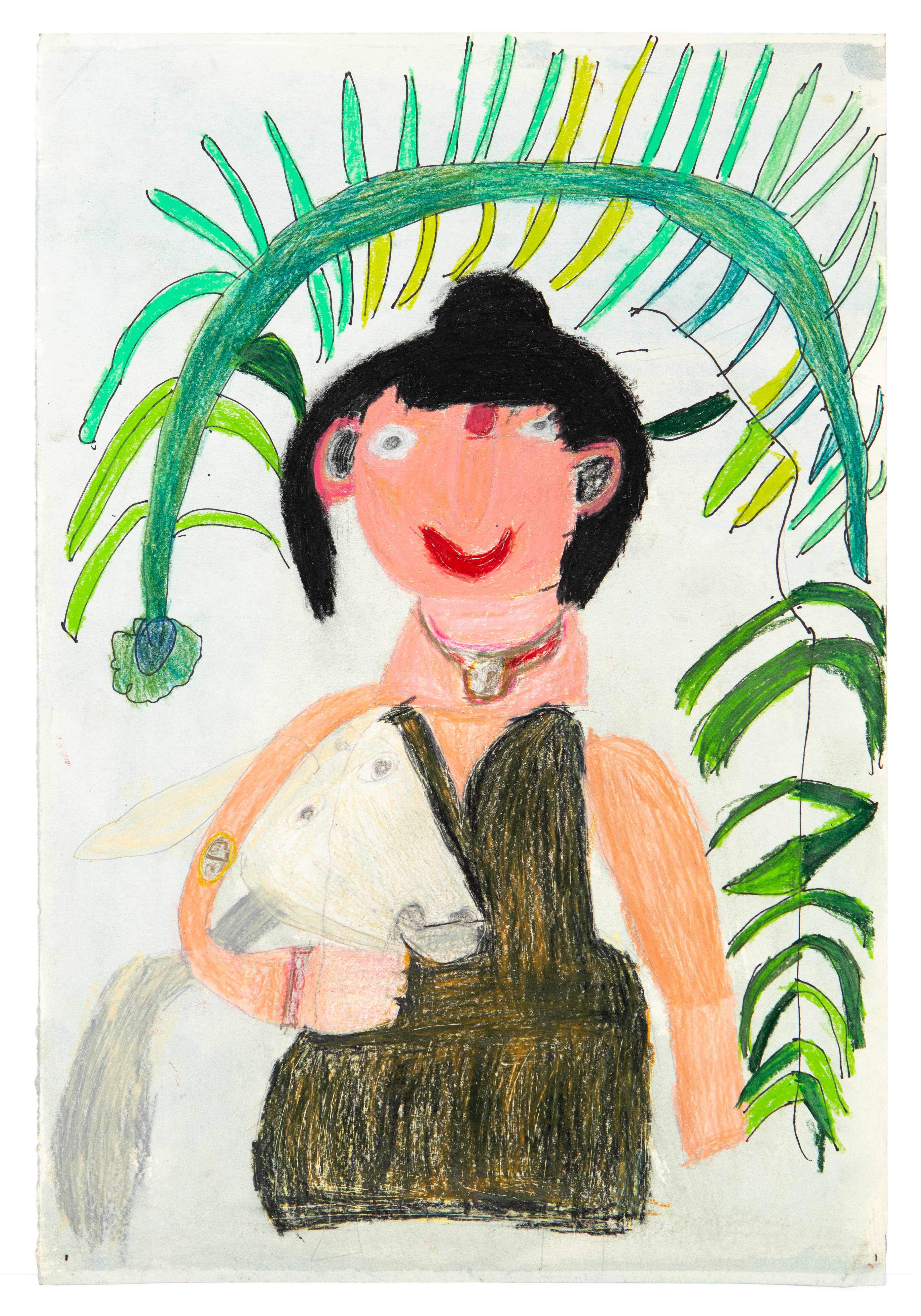 Drawing in colored pencil and ink showing a figure with black hair holding a white animal under tropical plants