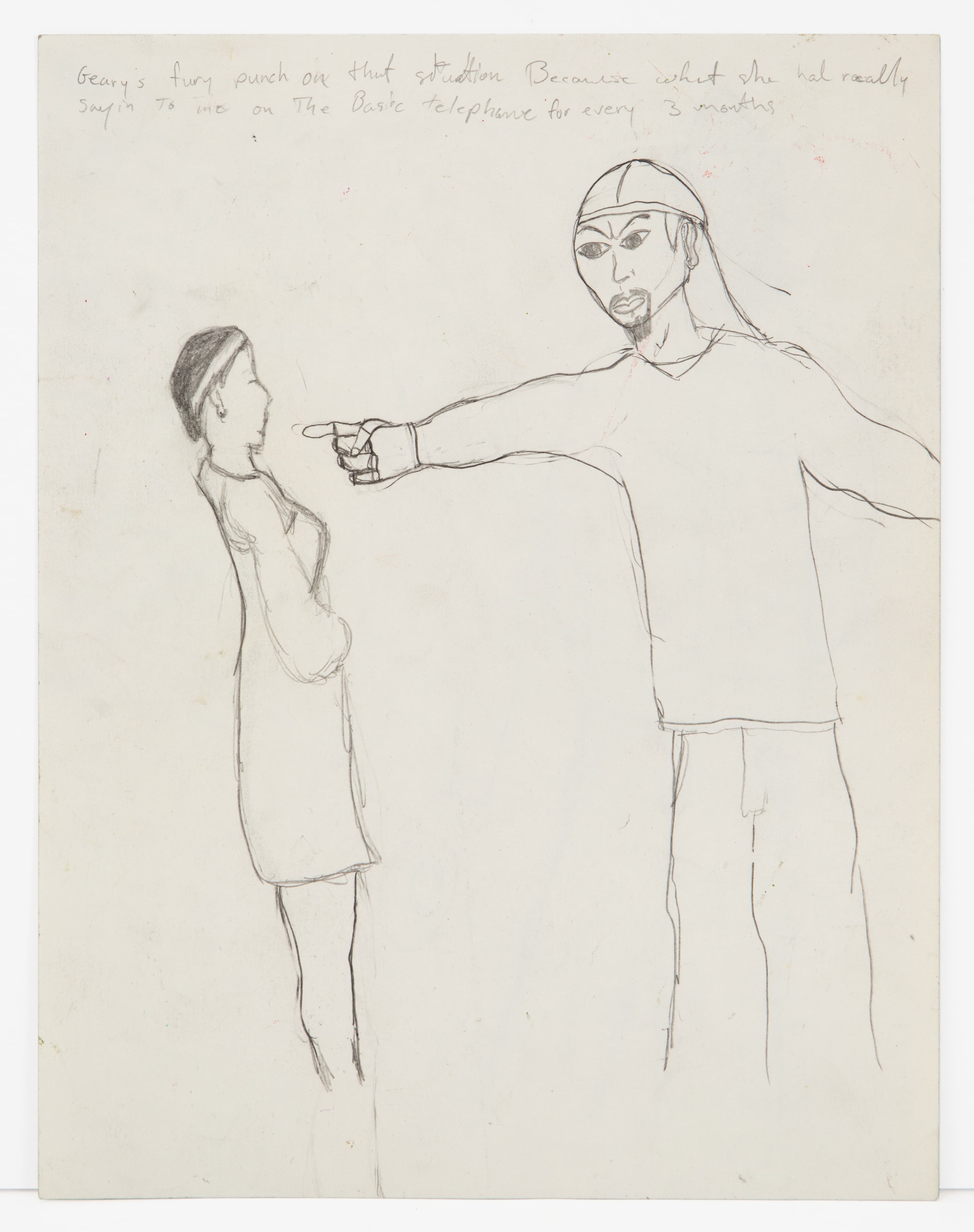 Pencil drawing of two figures, one pointing at the other, with handwritten text at top on cream paper