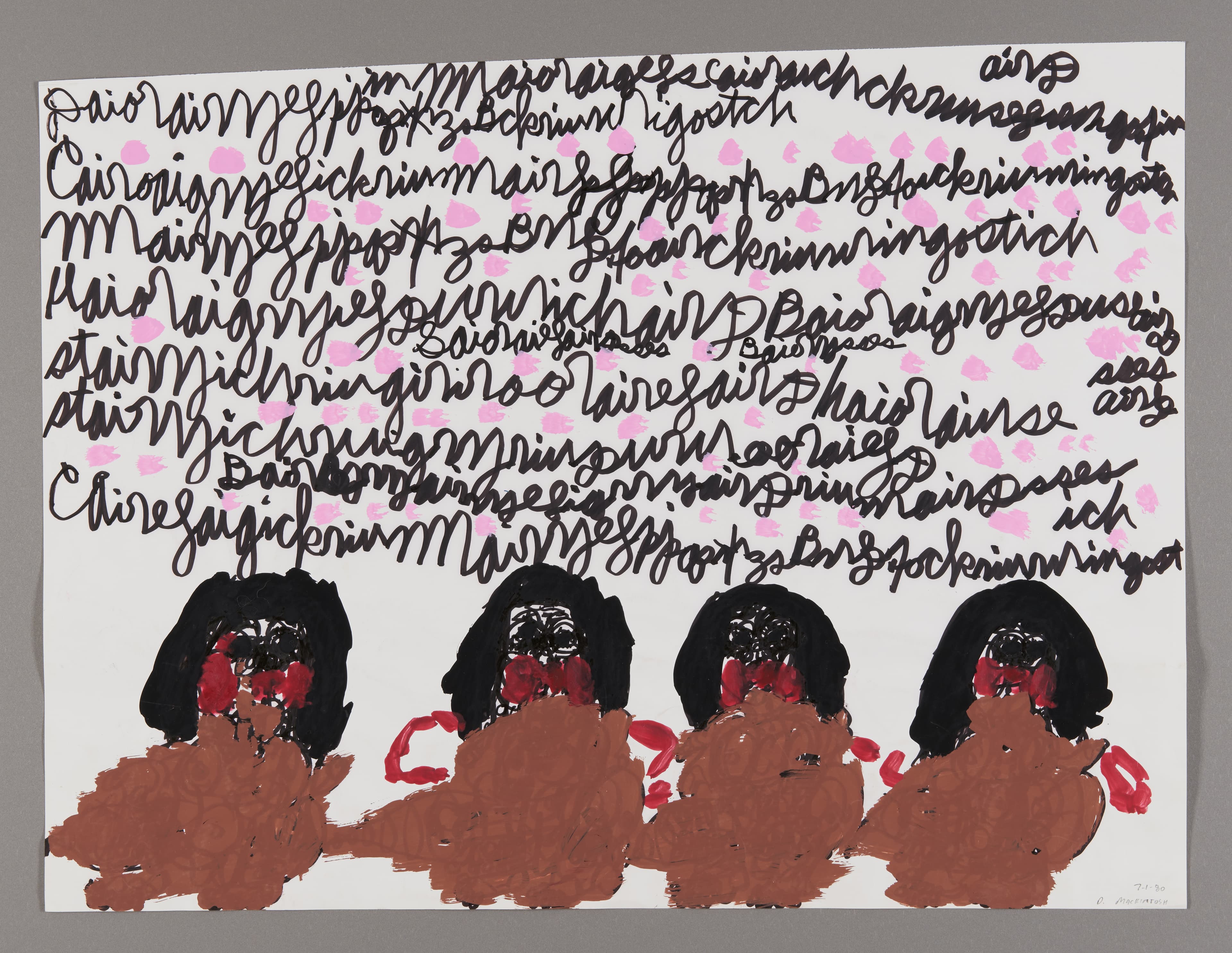 Mixed media artwork with four figures with black hair and red garments below densely written black text with pink accents