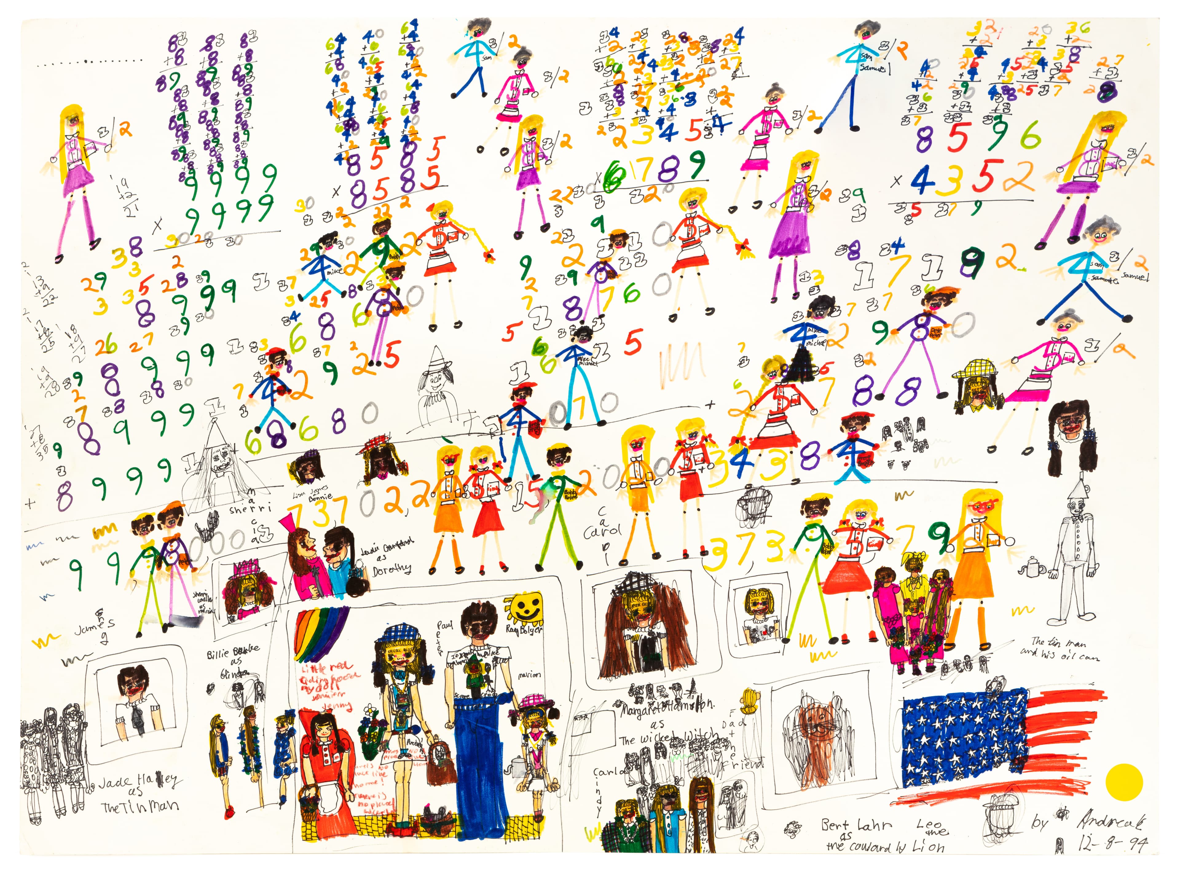 Colorful ink drawing on paper featuring numerous stick figures, numbers, and an American flag scattered across white background