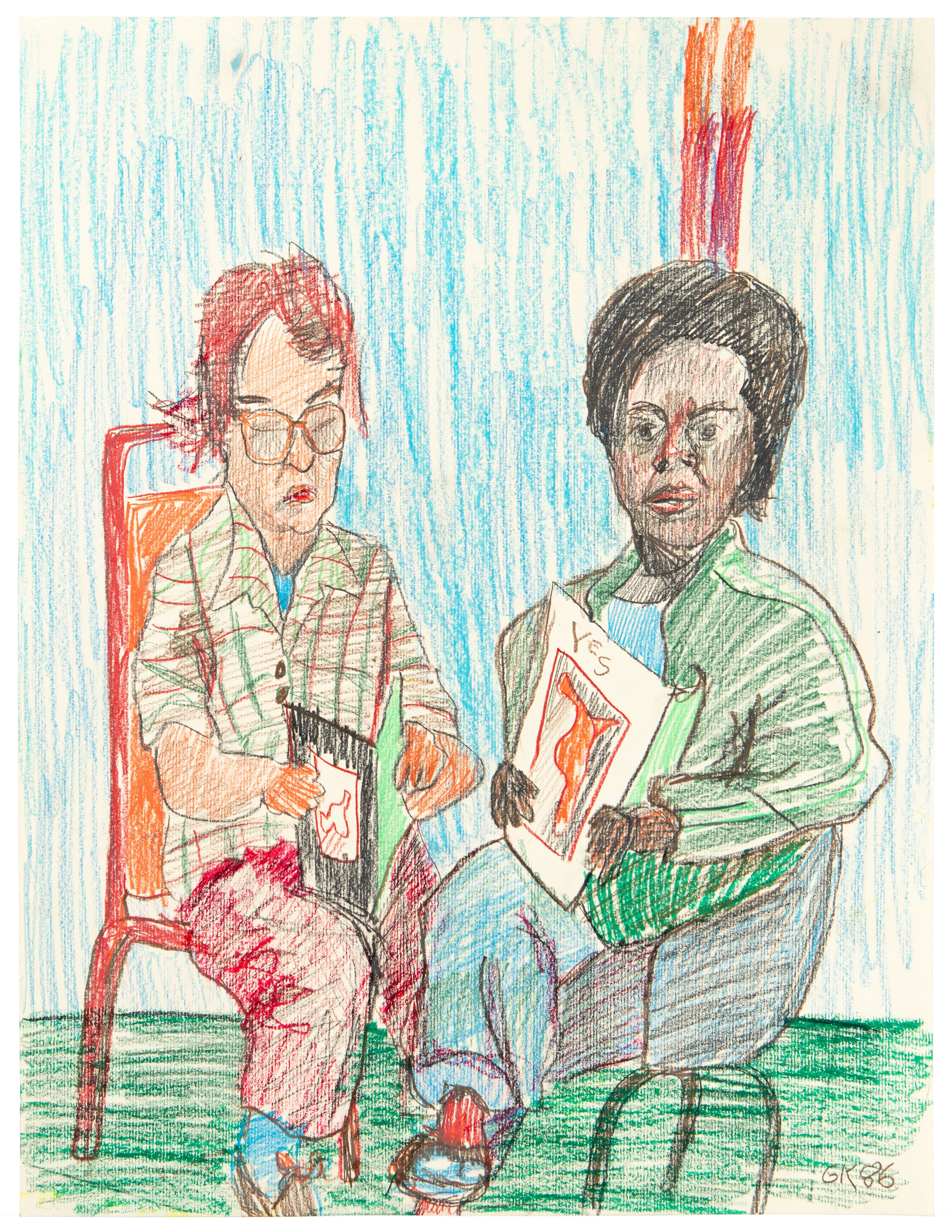 Colored pencil drawing of two seated figures, one wearing glasses holding papers, against blue streaked background