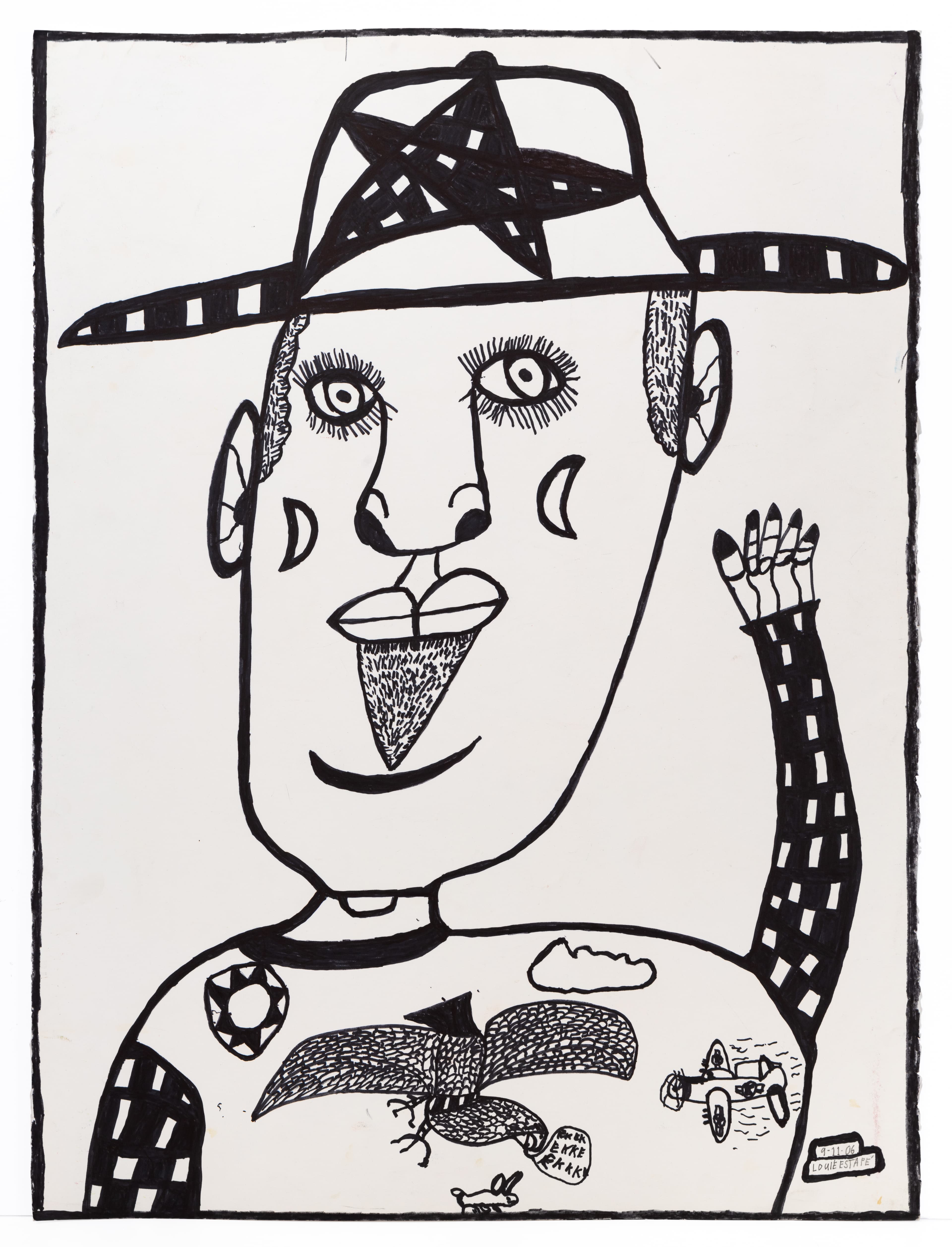 Black ink drawing of a figure wearing a star-decorated hat, with detailed facial features and patterned clothing