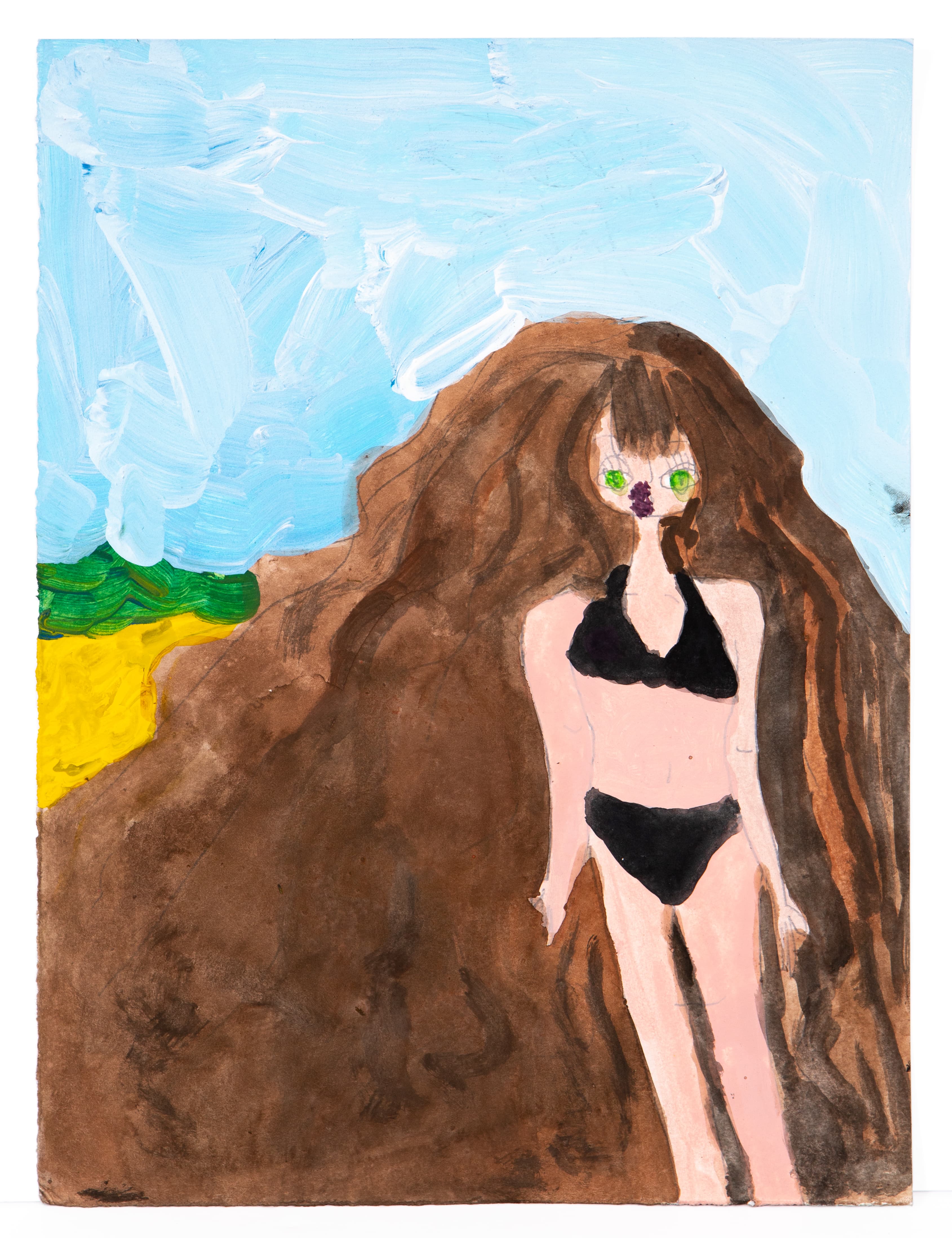 Painting of figure with long brown hair in black bikini against blue sky and brown cliff, acrylic on paper