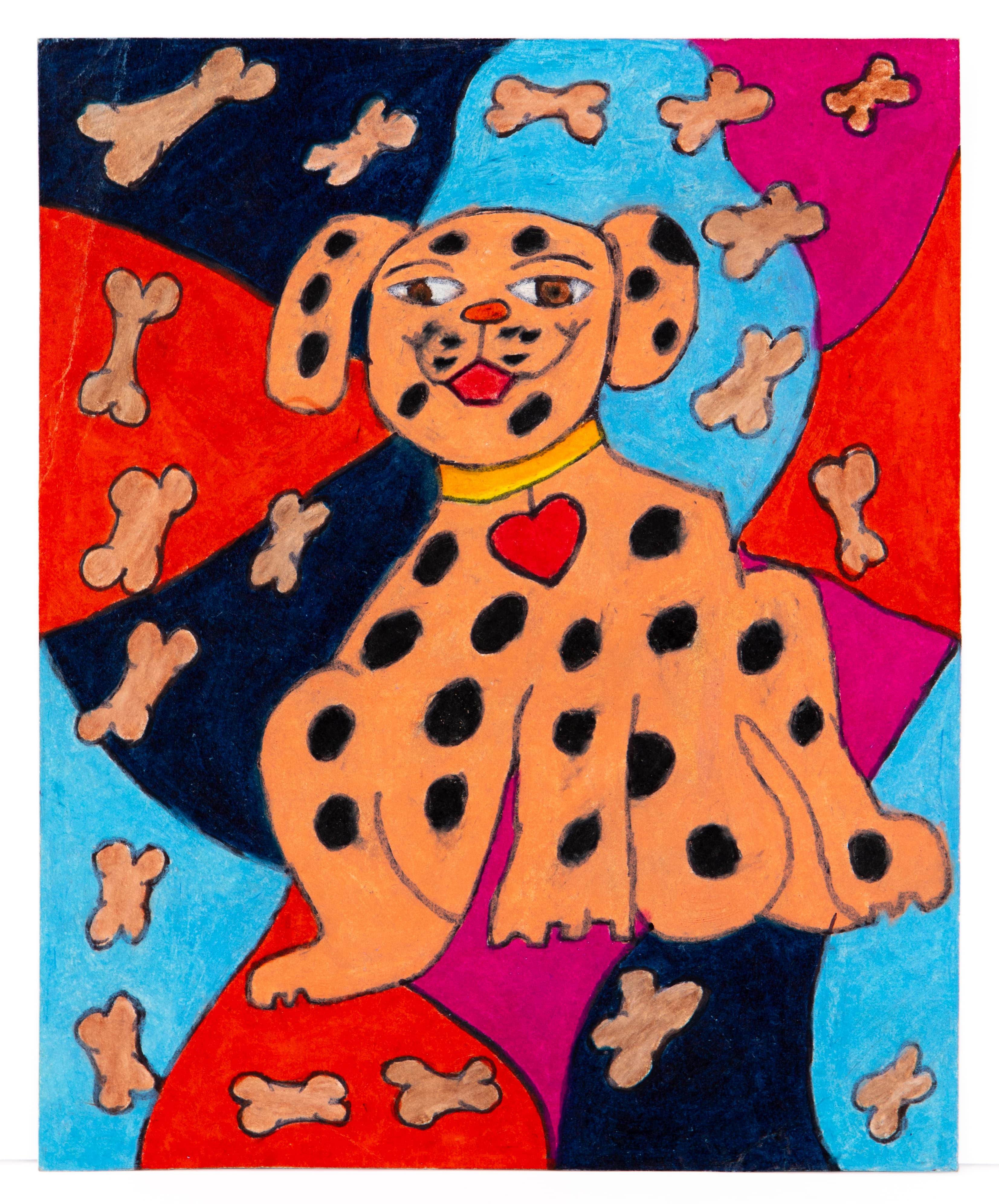 Colorful drawing of spotted dog with heart collar against geometric background with scattered bones, ink and pastel