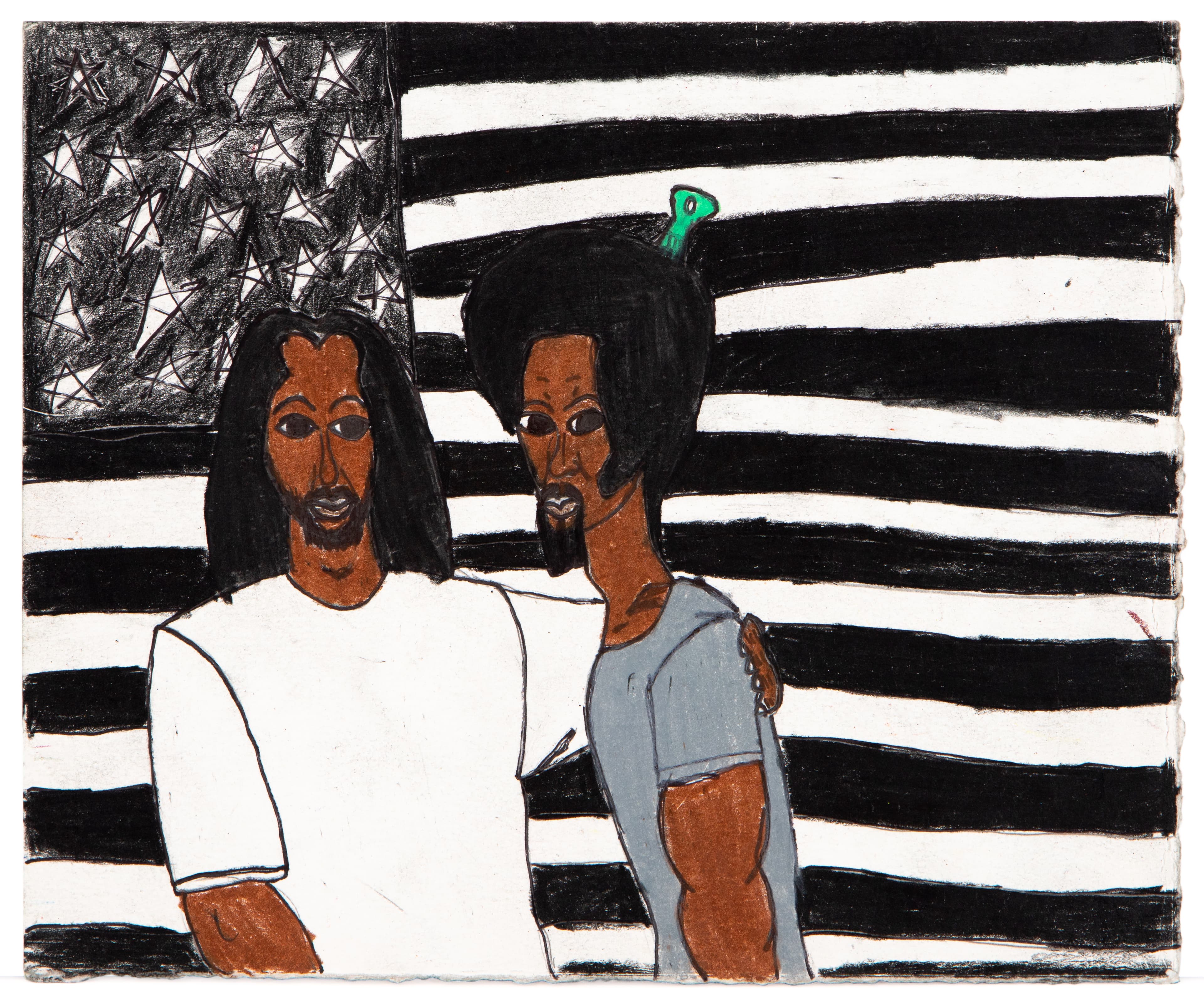 Drawing of two Black figures in front of American flag, colored pencil on paper