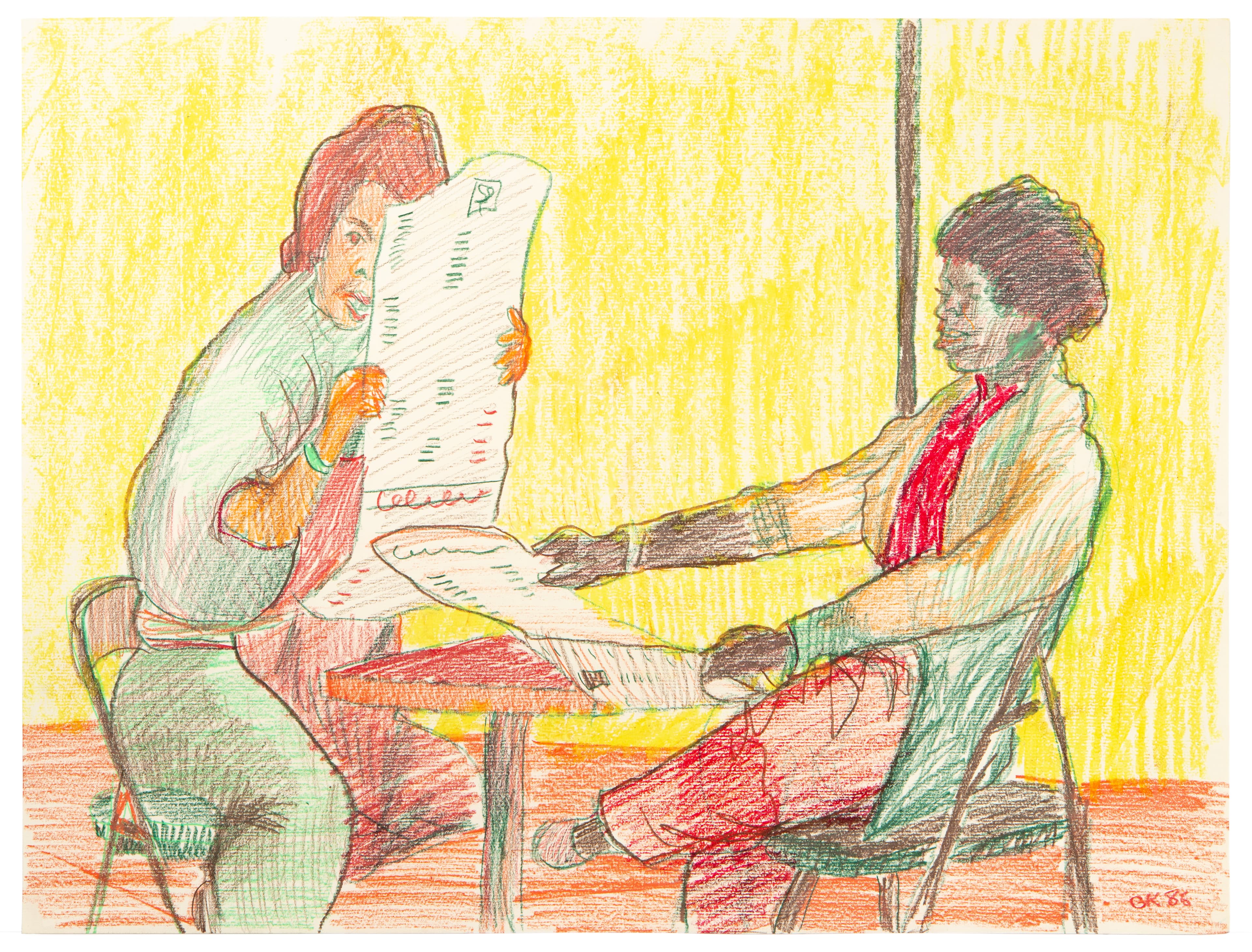 Colored pencil drawing of two figures at a table, one reading a document while the other reaches across