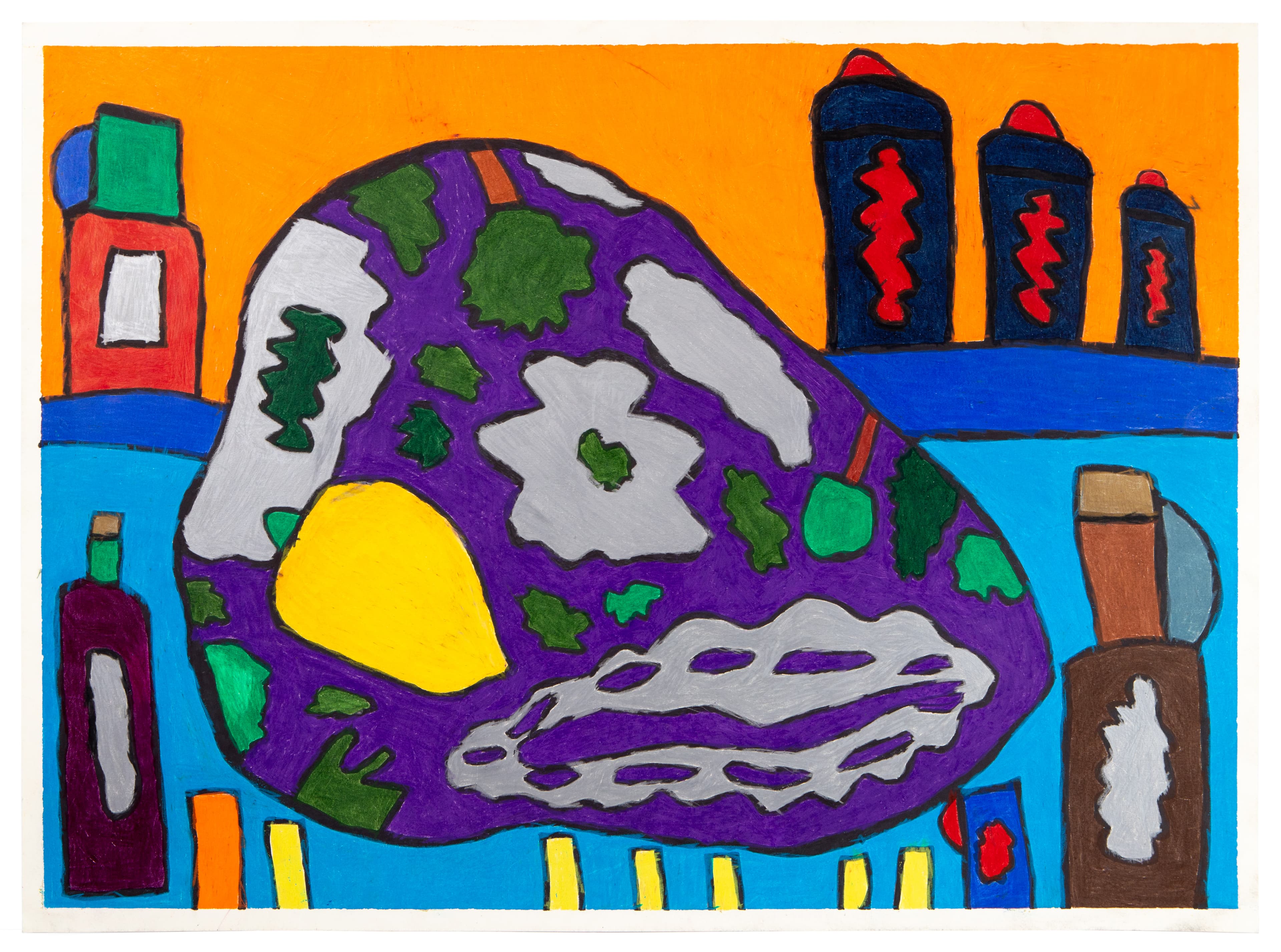 Colorful drawing of Earth with industrial smokestacks, ink and pastel on paper