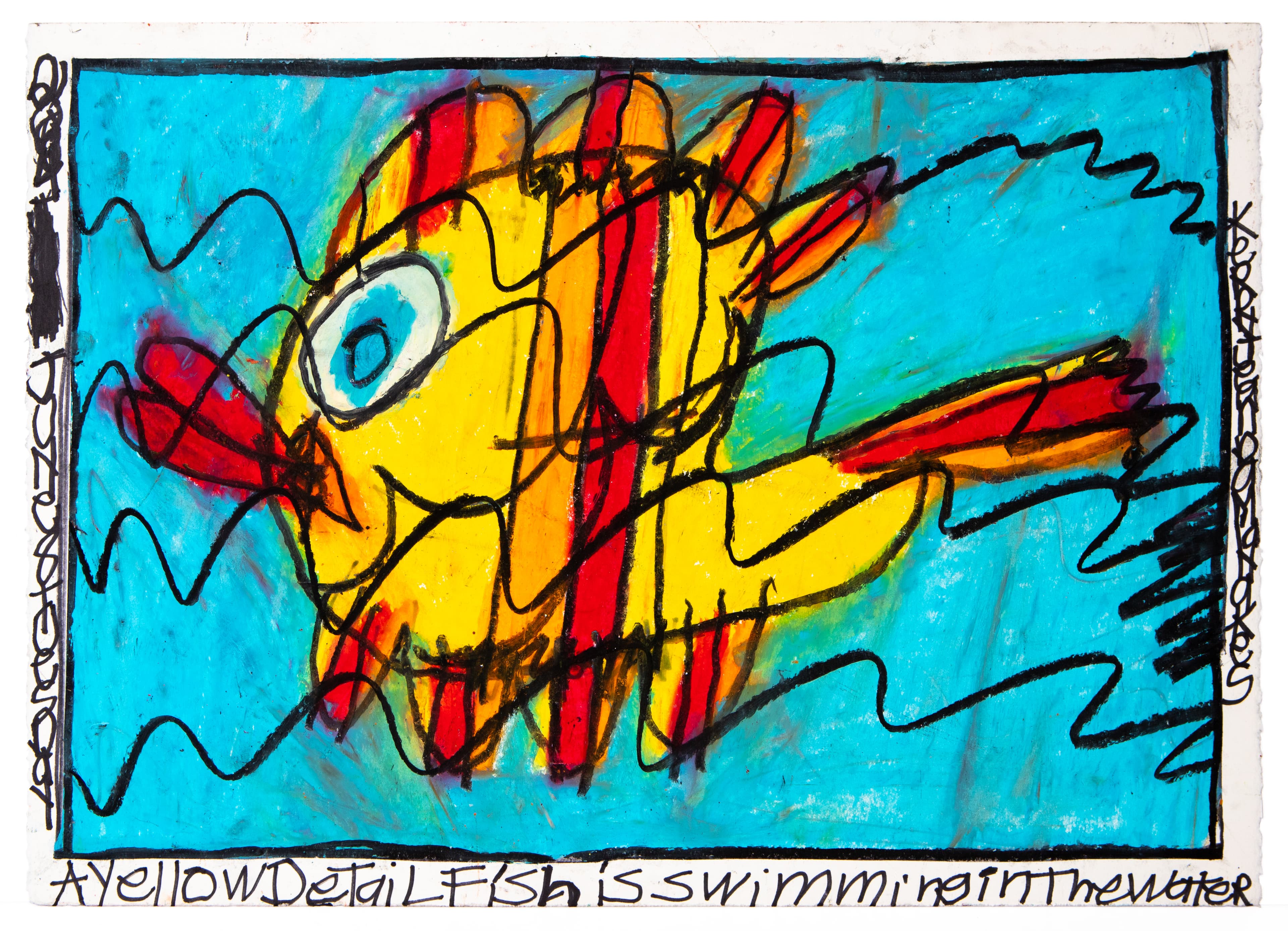Pastel drawing of a yellow fish with red stripes swimming in bright blue water with wavy black lines