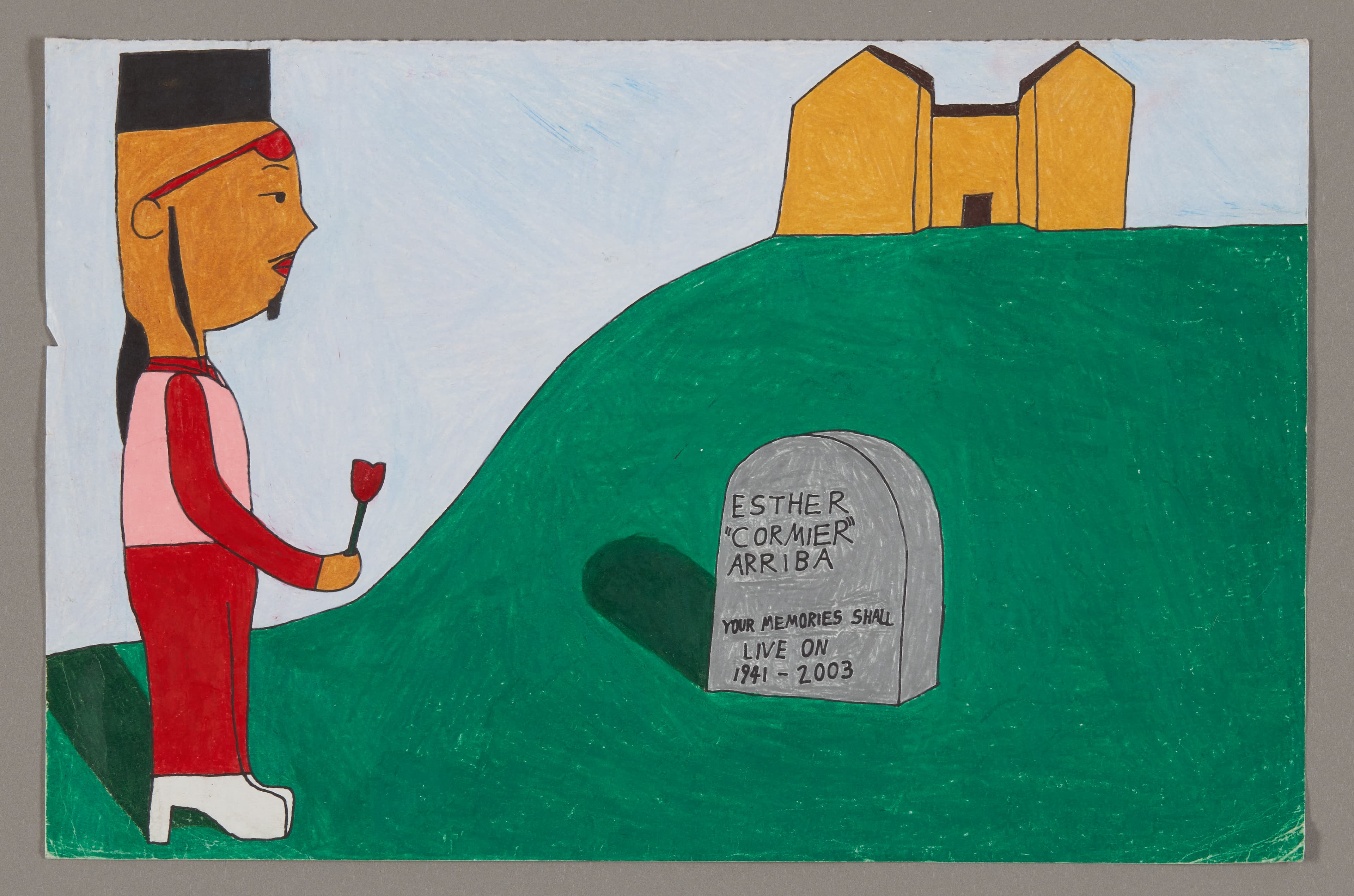 Drawing of figure in red and pink holding wine glass near gray tombstone on green hill with yellow buildings, mixed media