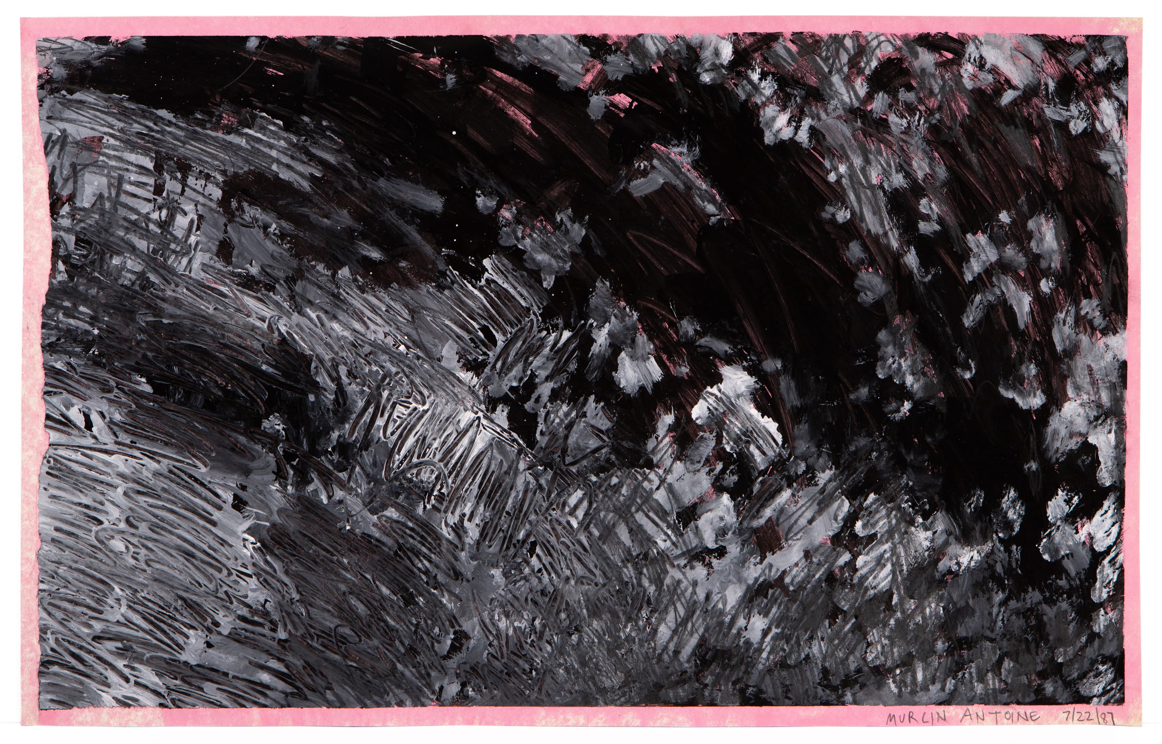 Abstract painting with dynamic black and gray brushstrokes on pink-bordered paper, signed by Murlin Antoine